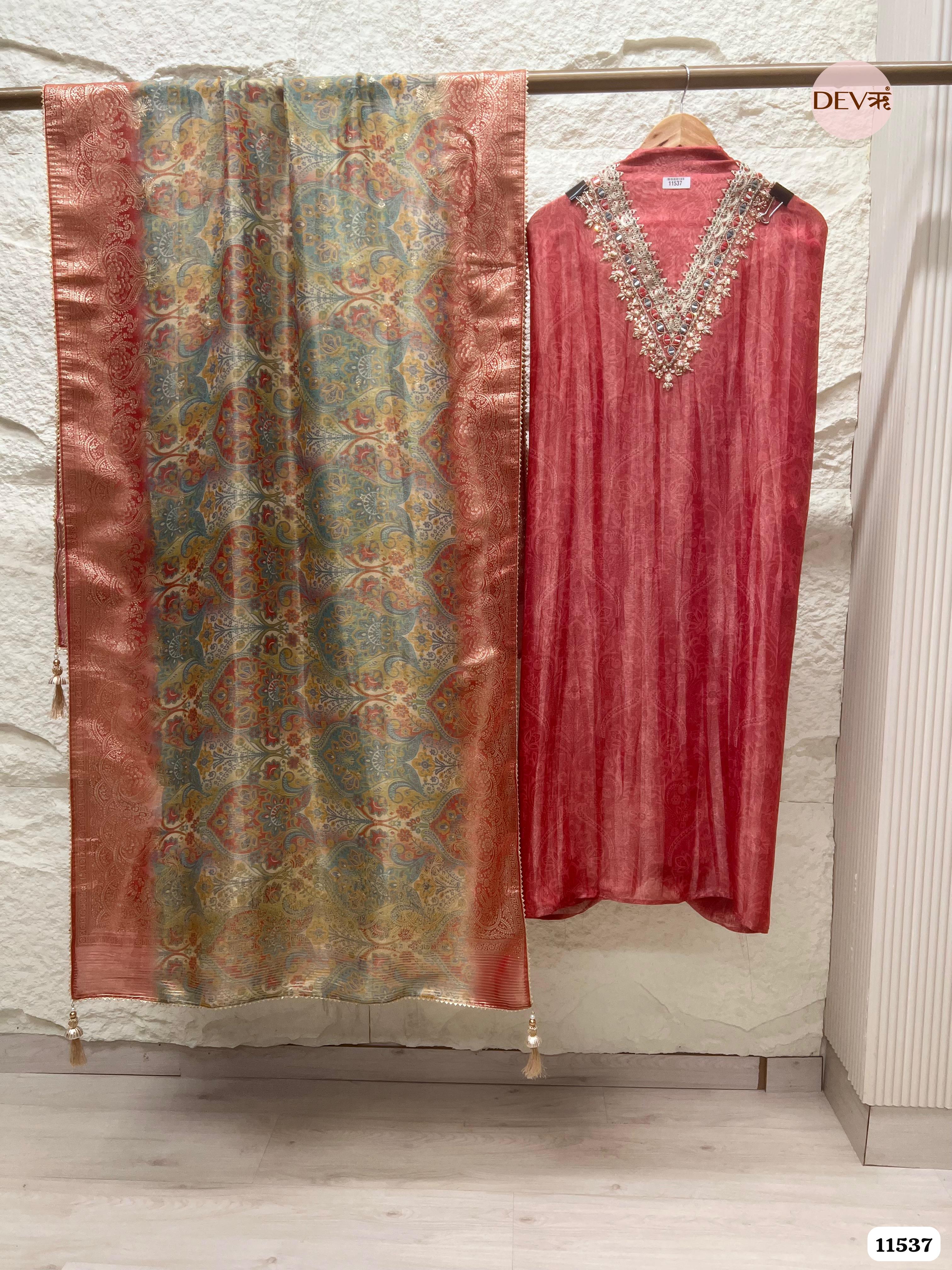 Red Pure Tissue Silk Unstitched Printed Hand Embroidered -Set Of 3 {11537}