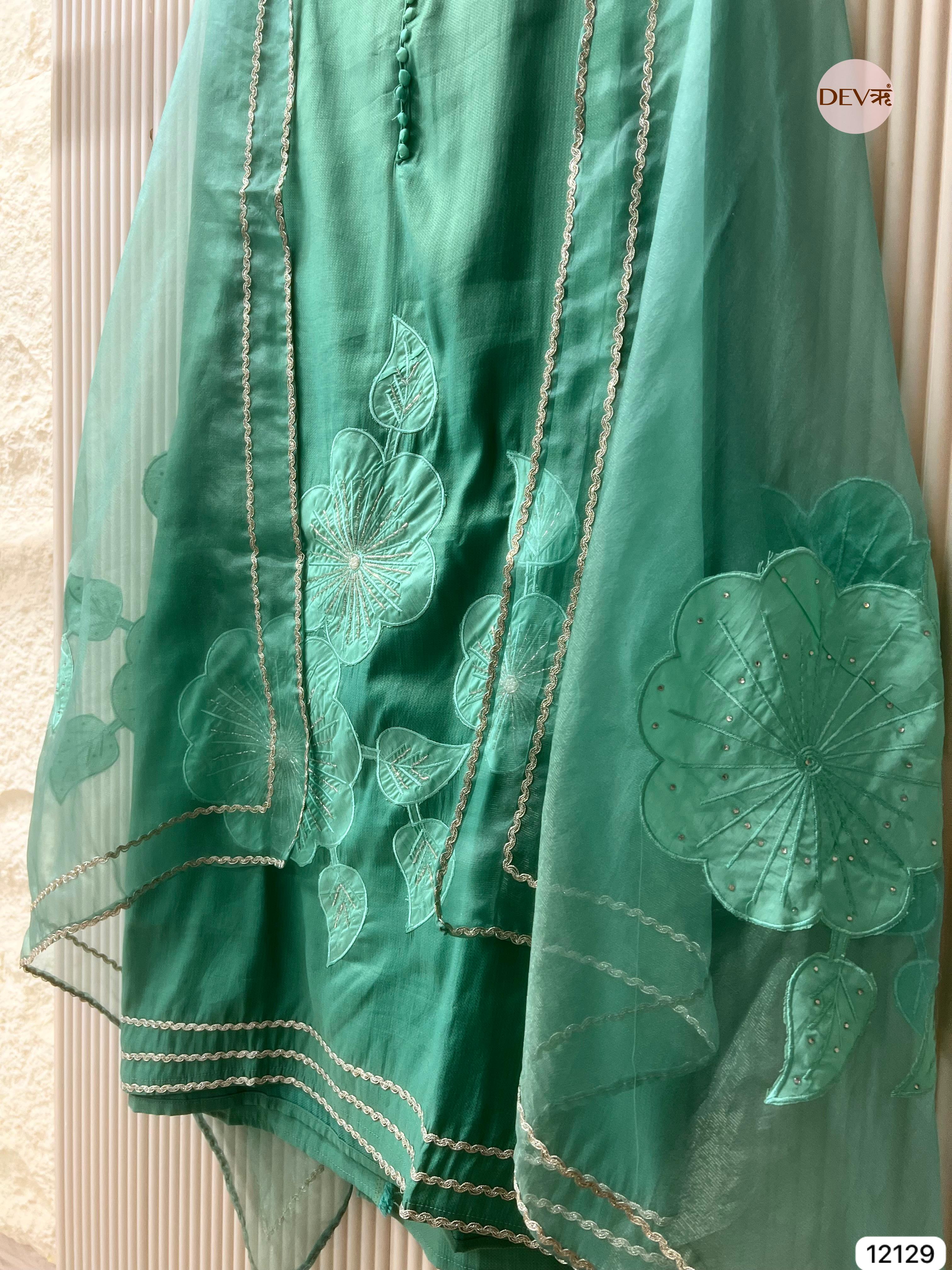 Green Shimmer silk Unstitched Applique Embroidered -Set Of 3 - {12129}
