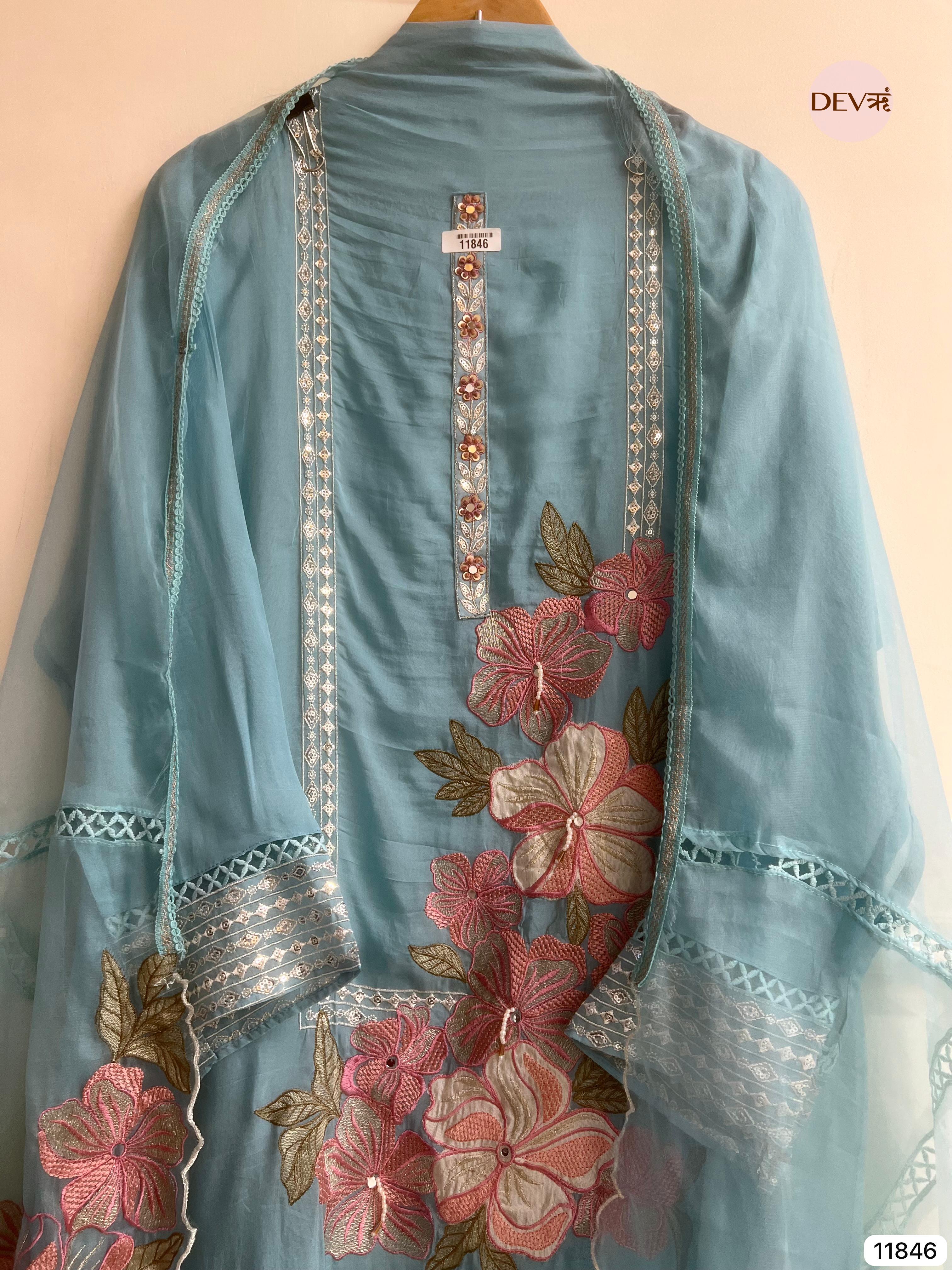 Blue Organza Semi Stitched Embroidered -Set Of 3 - {11846}