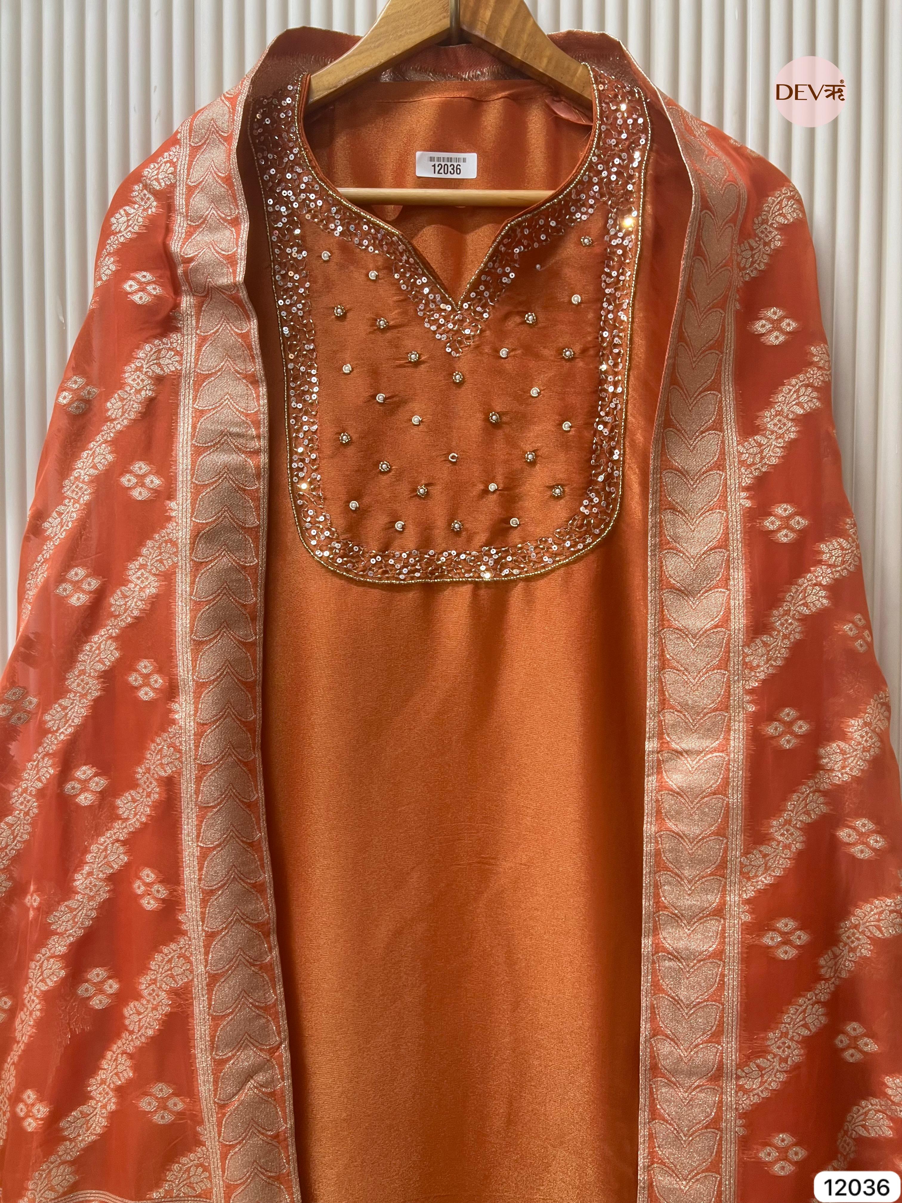 Rust Tissue Shimmer Silk Unstitched Embroidered -Set Of 3 - {12036}