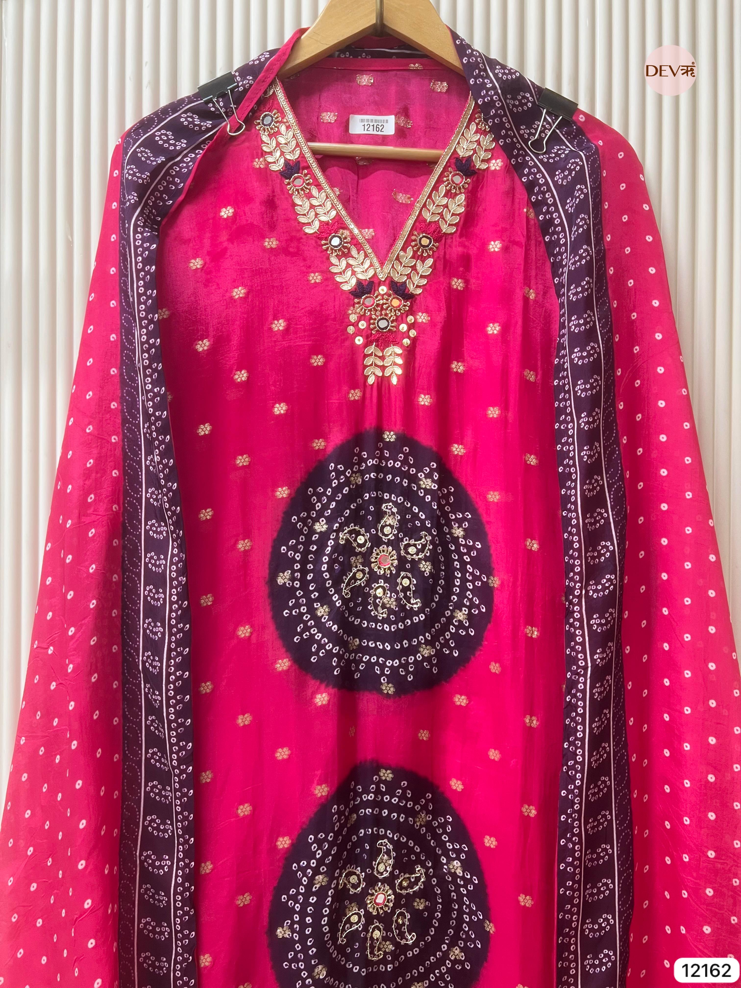 Pink Pure Shimmer Organza Silk Unstitched Banarasi Woven Bandhani Printed Hand Embroidered -Set Of 3 - {12162}