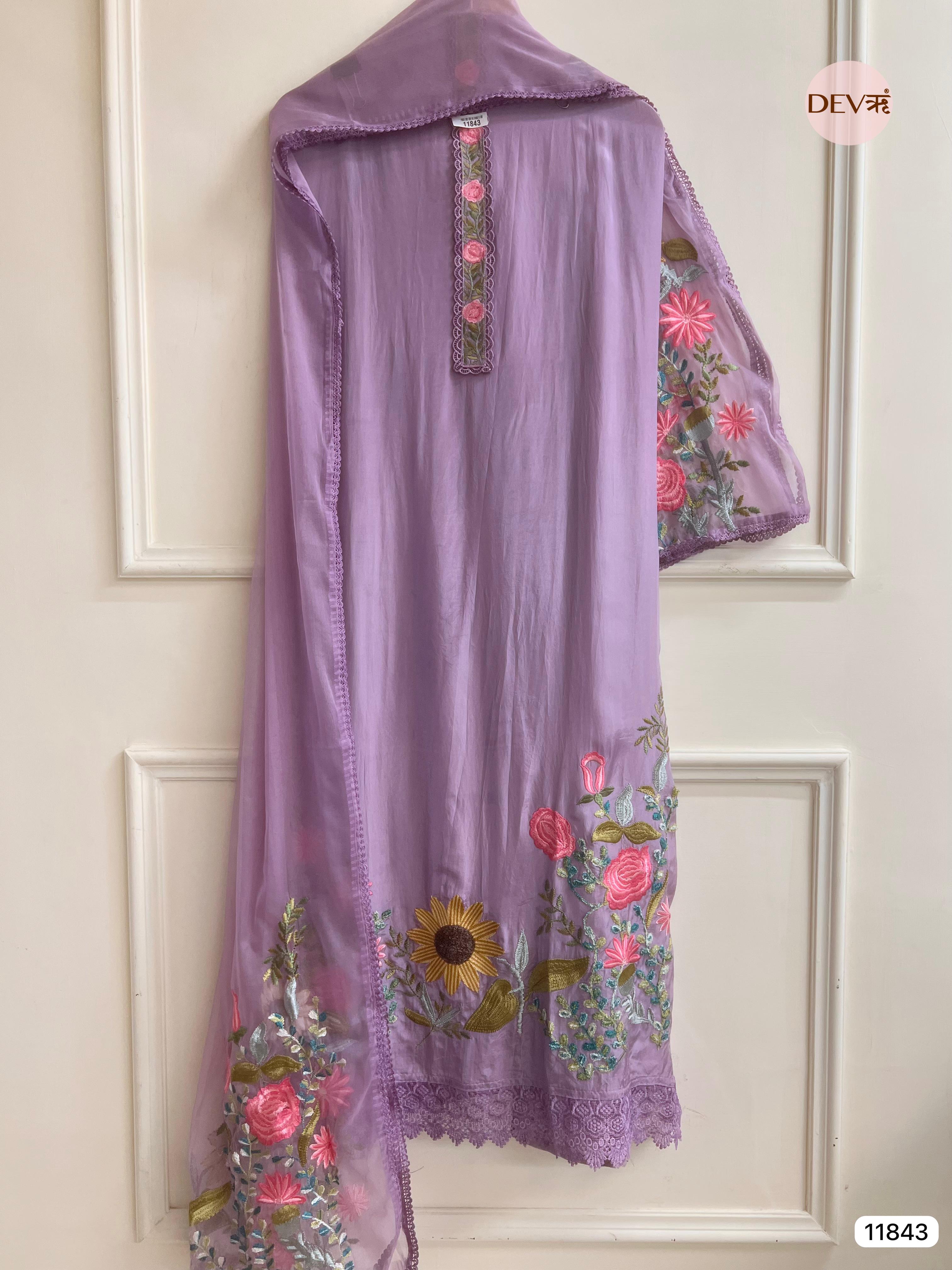 Purple Banarasi silk unstitched woven hand embroidered -Set Of 3- {11843}