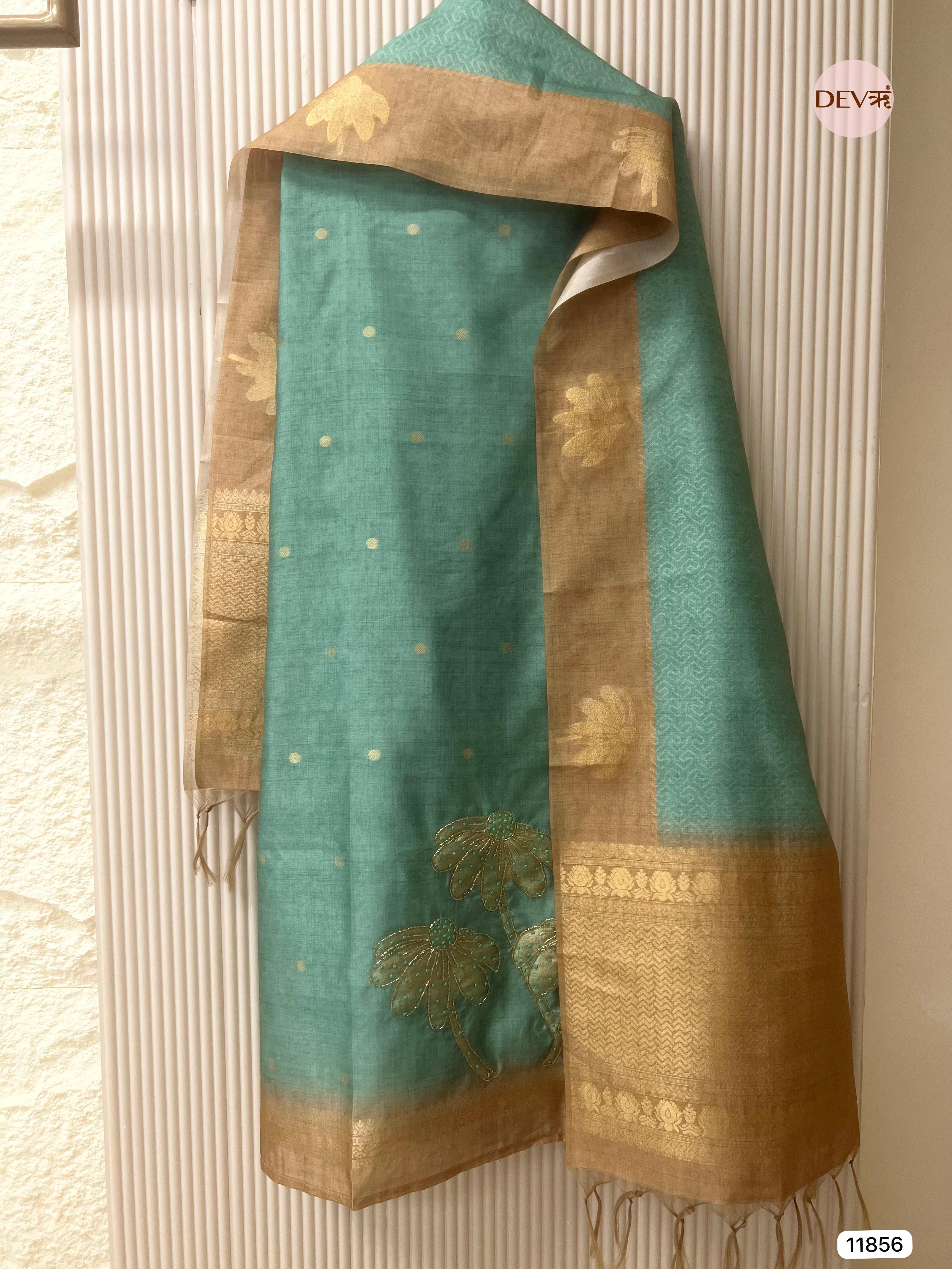 Pista Green Jamdani Silk Unstitched Printed Woven Hand Embroidered -Set Of 3- {11856}