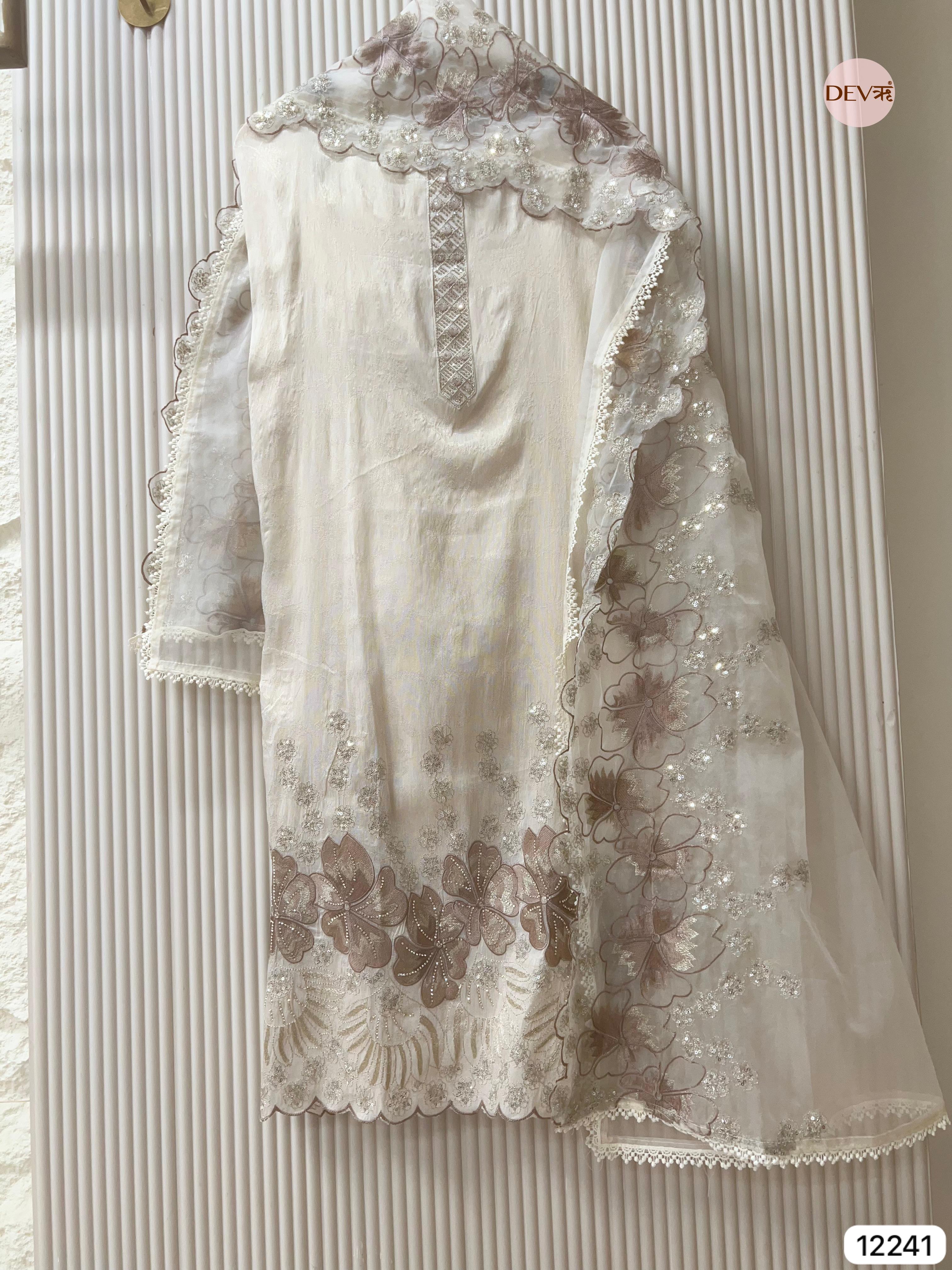 Ivory Tissue Shimmer Silk Embroidered Unstitched 3-Piece Suit (Devri – D.No 12241)