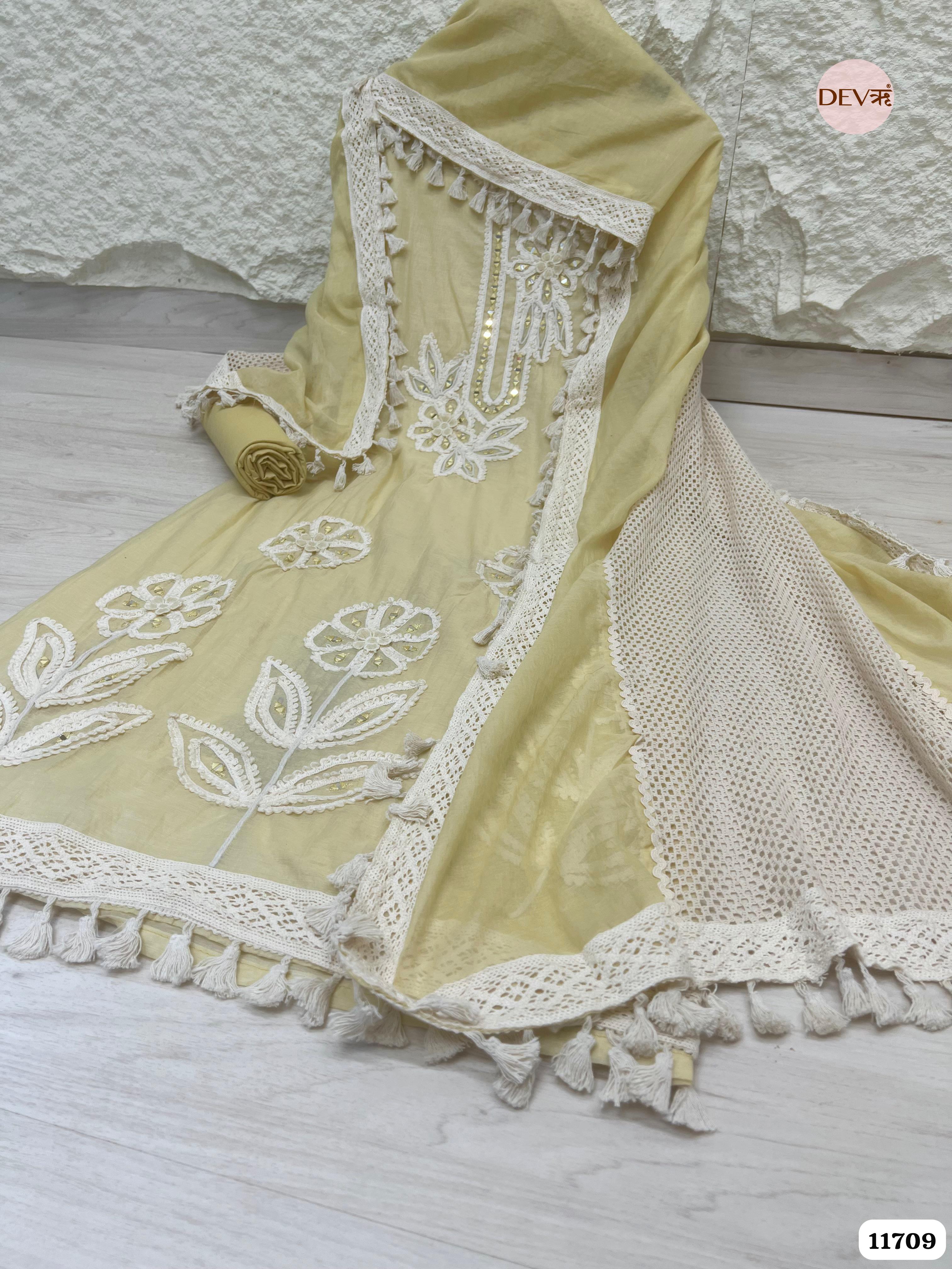 Yellow Mul Chanderi Unstitched Hand Embroidered -Set Of 3 {11709}