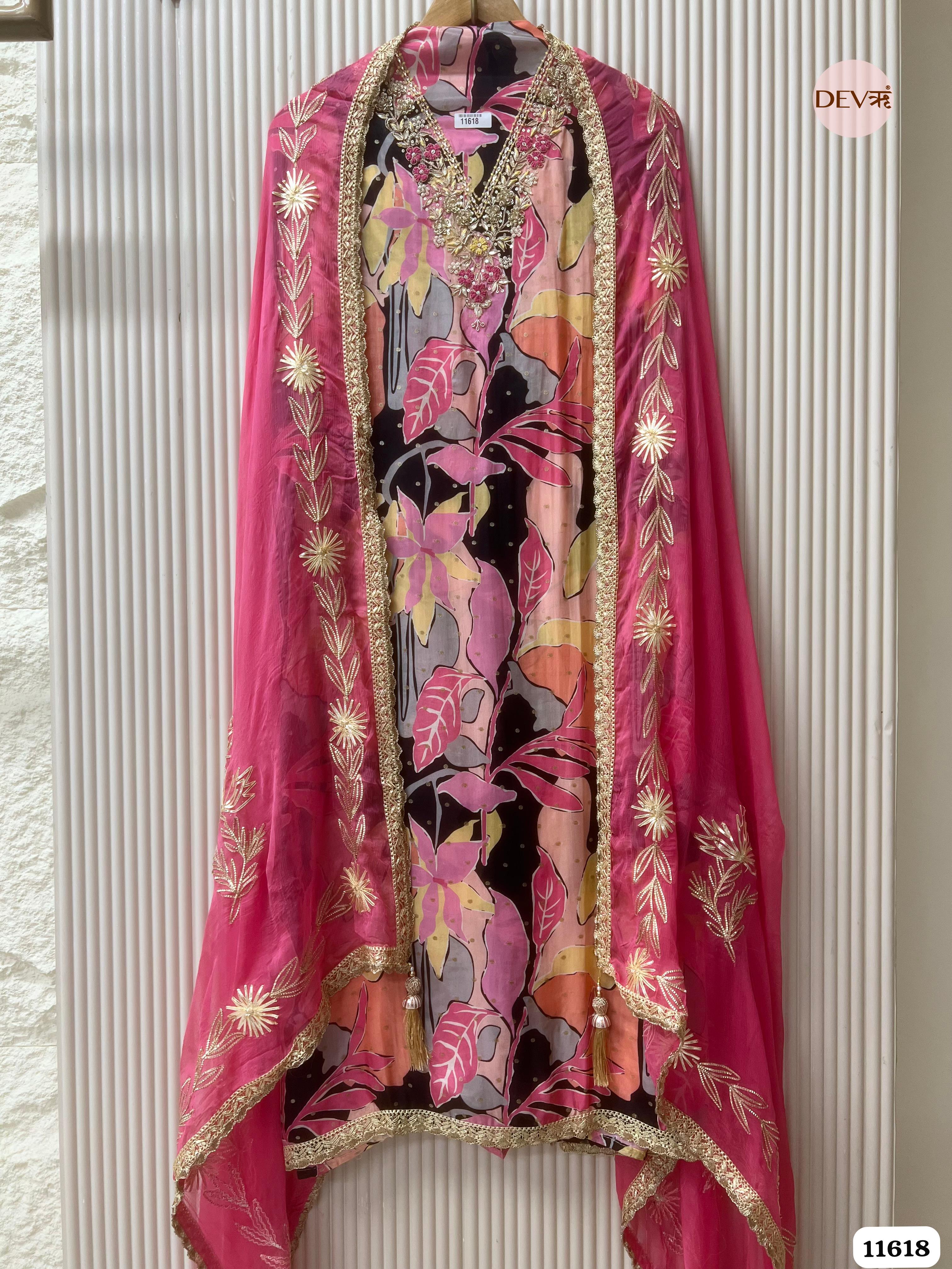 Pink Pure Organza Silk Unstitched Printed Hand Embroidered -Set Of 3 {11618}