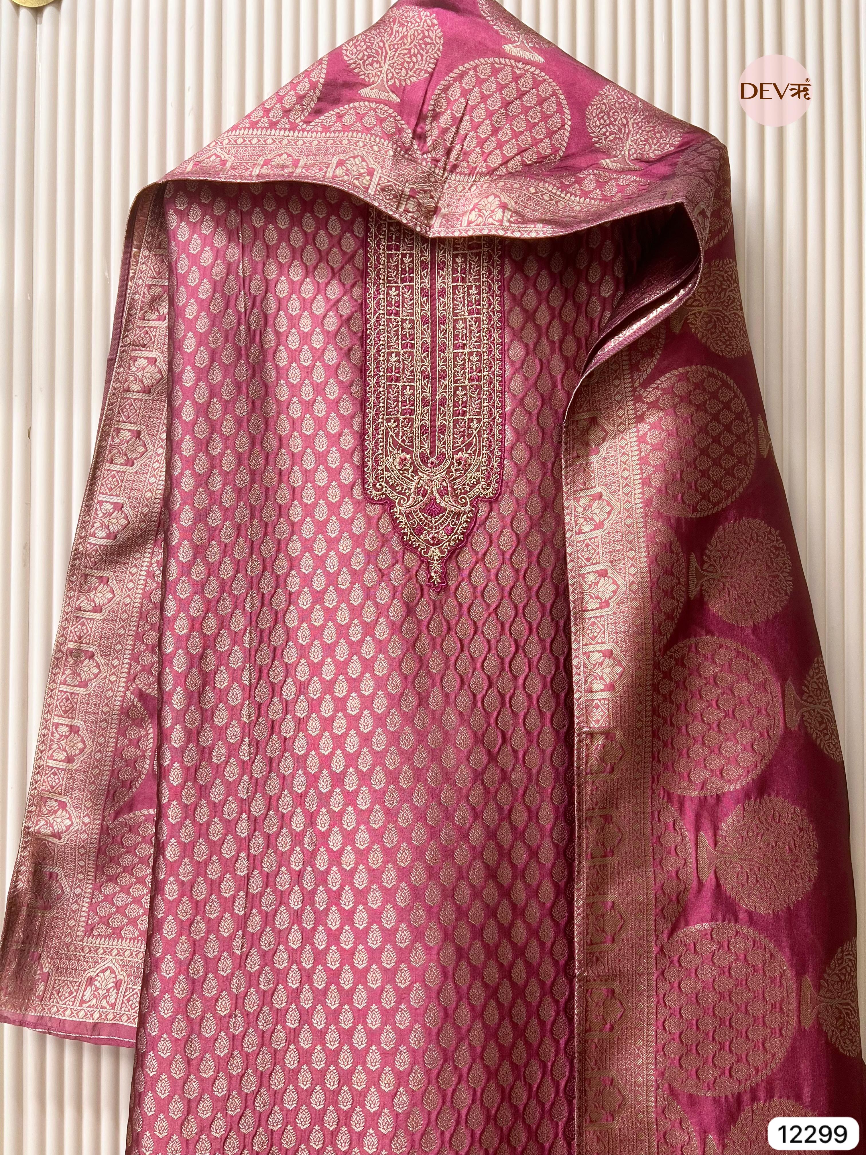Rani Pink Pure Banarasi Silk Woven Unstitched 3-Piece Suit (Devri – D.No 12299)