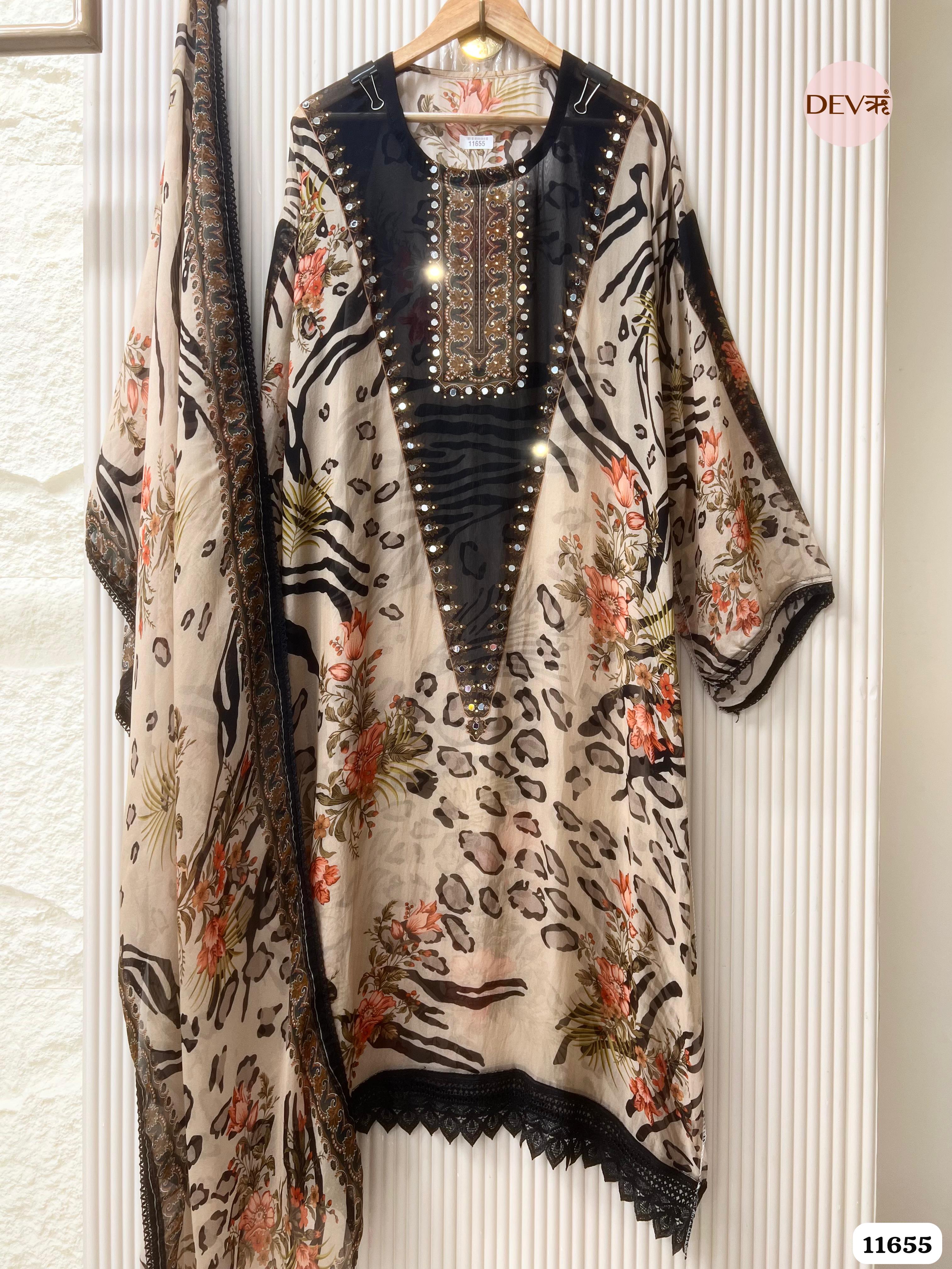 Beige Organza Printed Semi Stitched Hand Embroidered -Set Of 3 {11655}