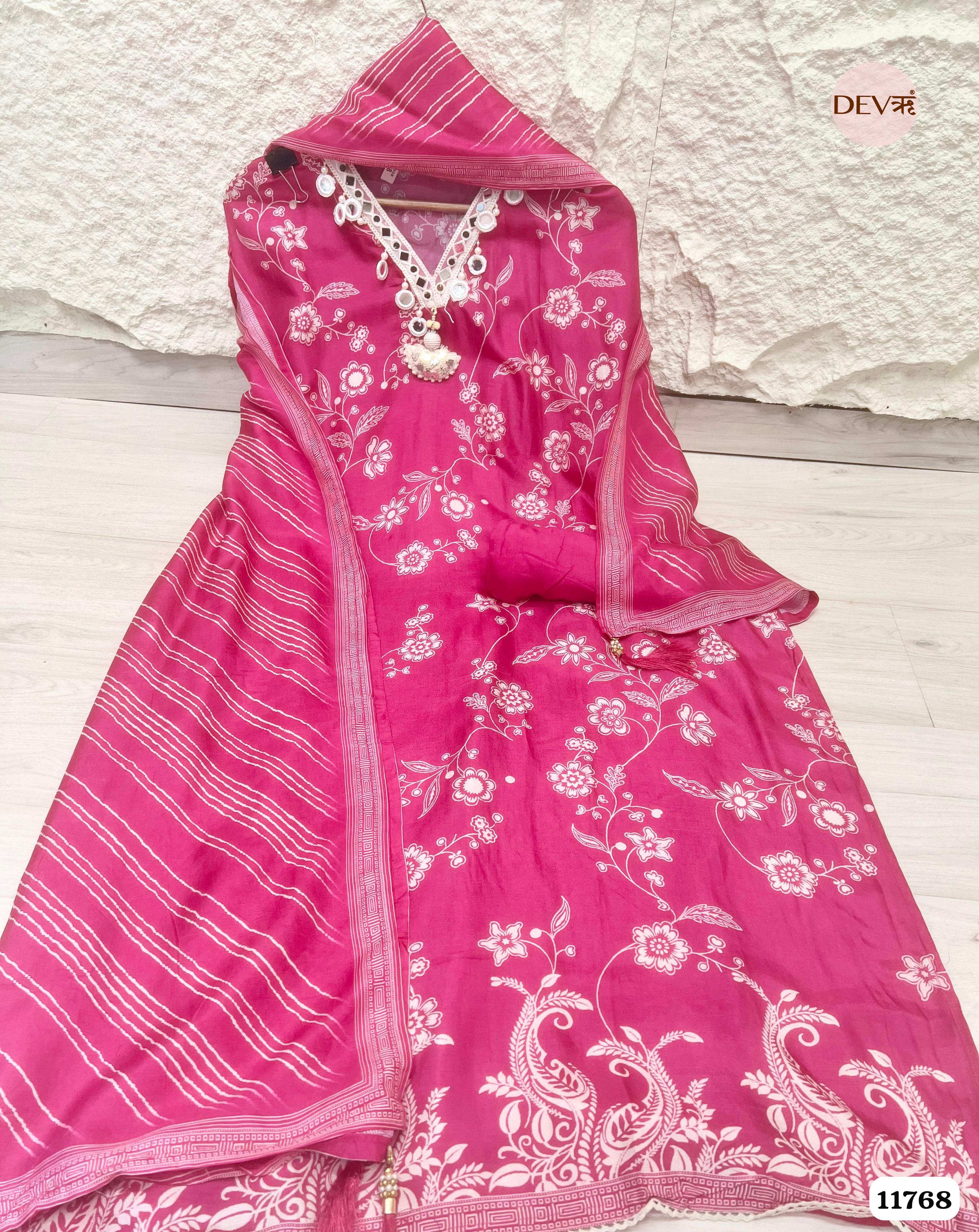 Pink Russian Silk Unstitched Printed Hand Embroidered -Set Of 3 {11768}