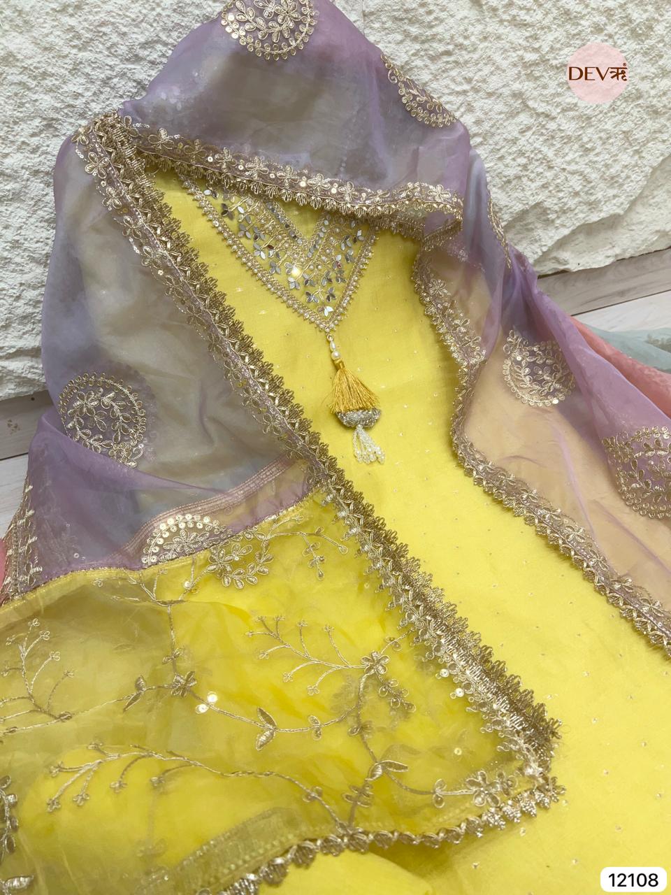 Yellow Pure Shimmer Tissue Silk Unstitched Hand Embroidered -Set Of 3 - {12108}