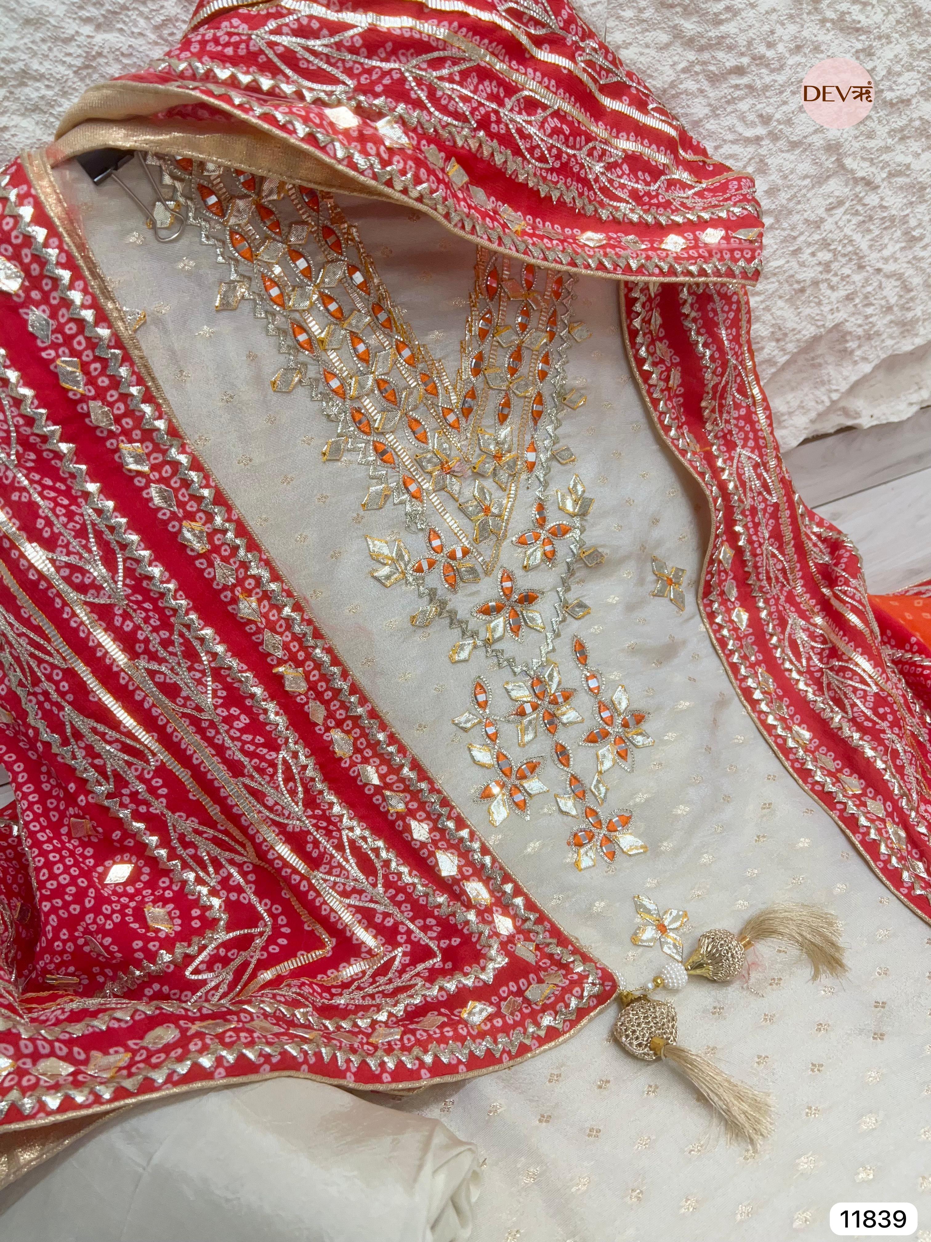 Cream Colour Pure Tissue Crush Silk Unstitched Hand Embroidered -Set Of 3- {11839}