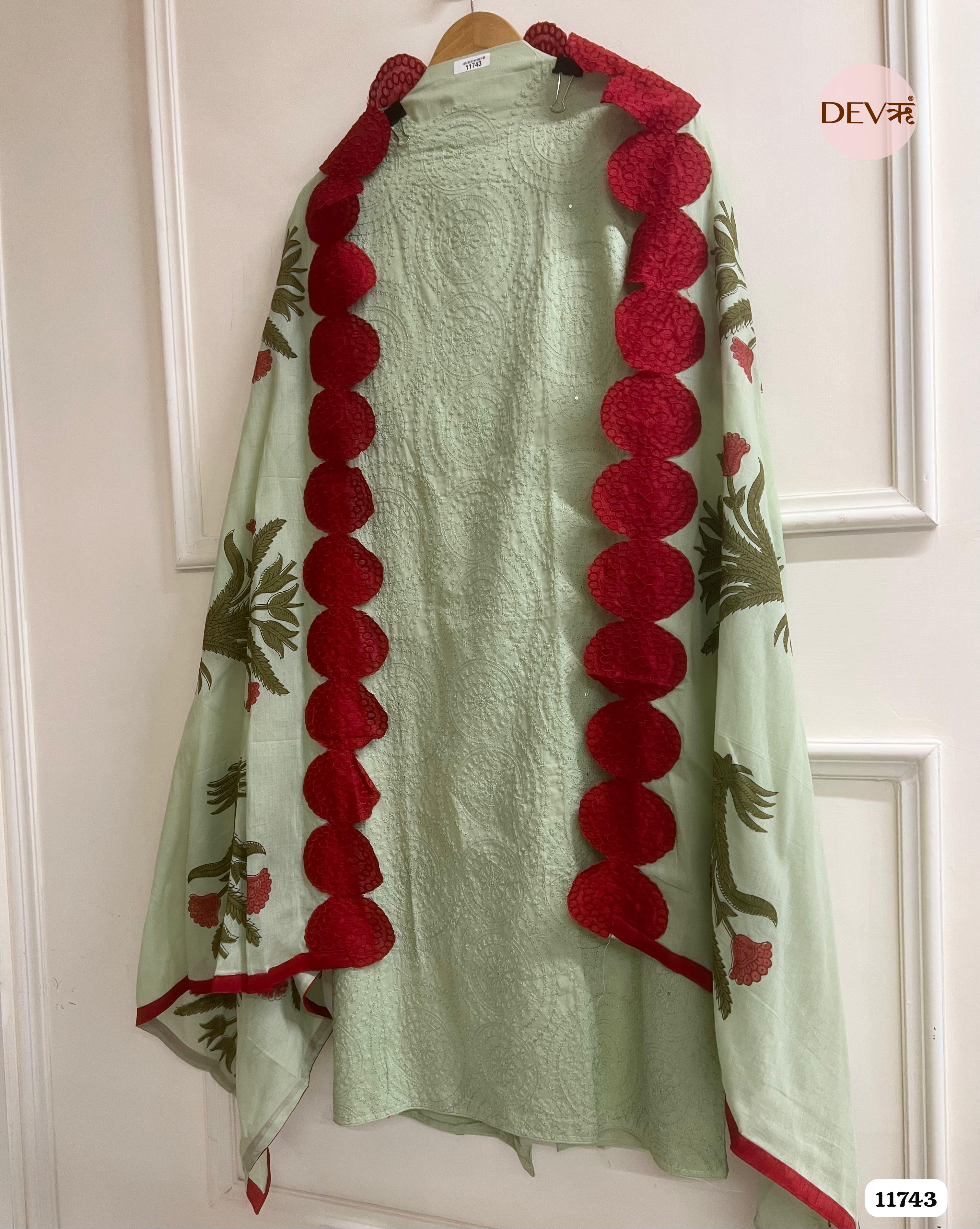 Green Pista Cotton Unstitched Embroidered -Set Of 3 {11743}