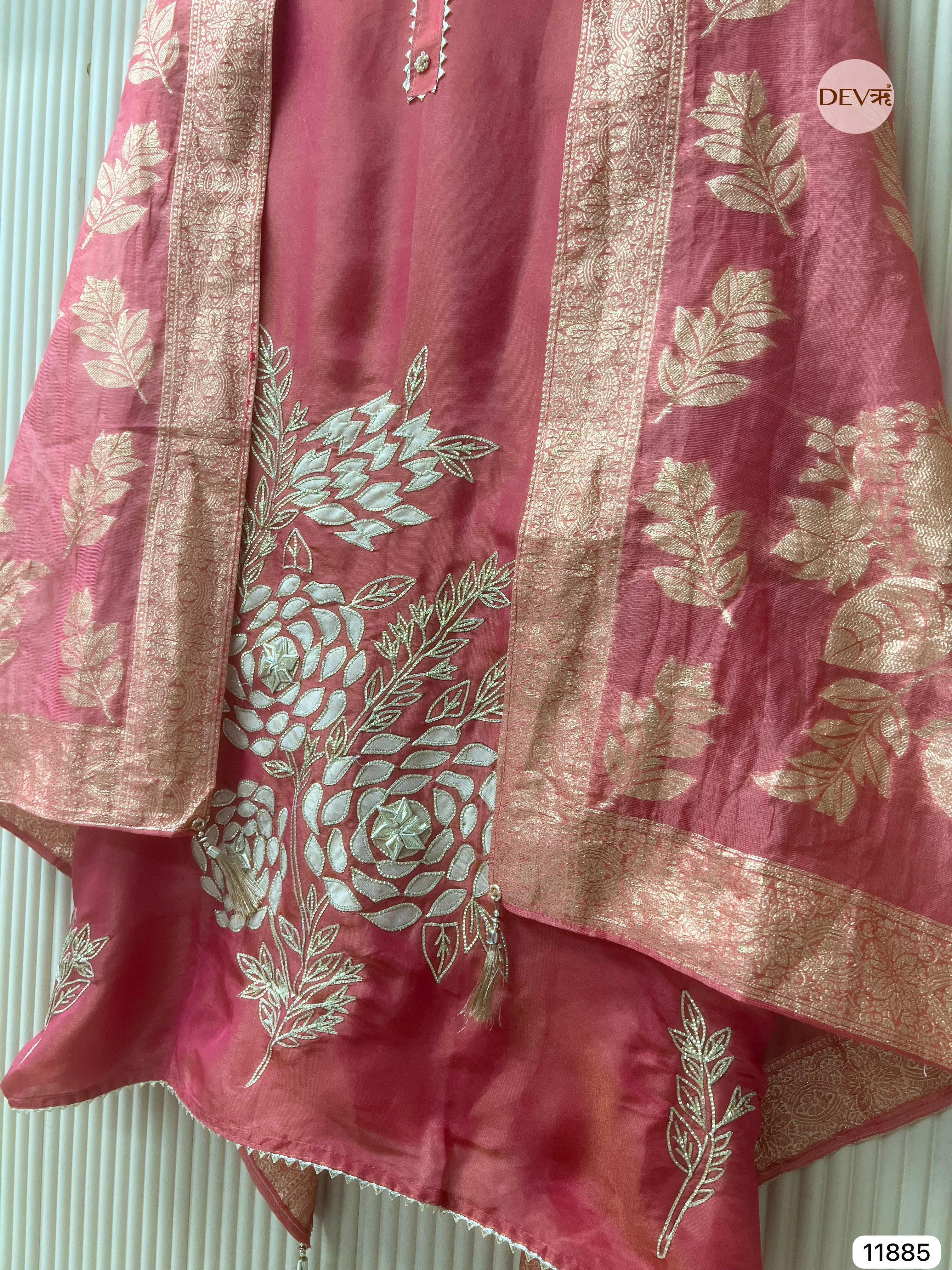 Pink Tissue Shimmer Silk Unstitched Hand Embroidered -Set Of 3 - {11885}