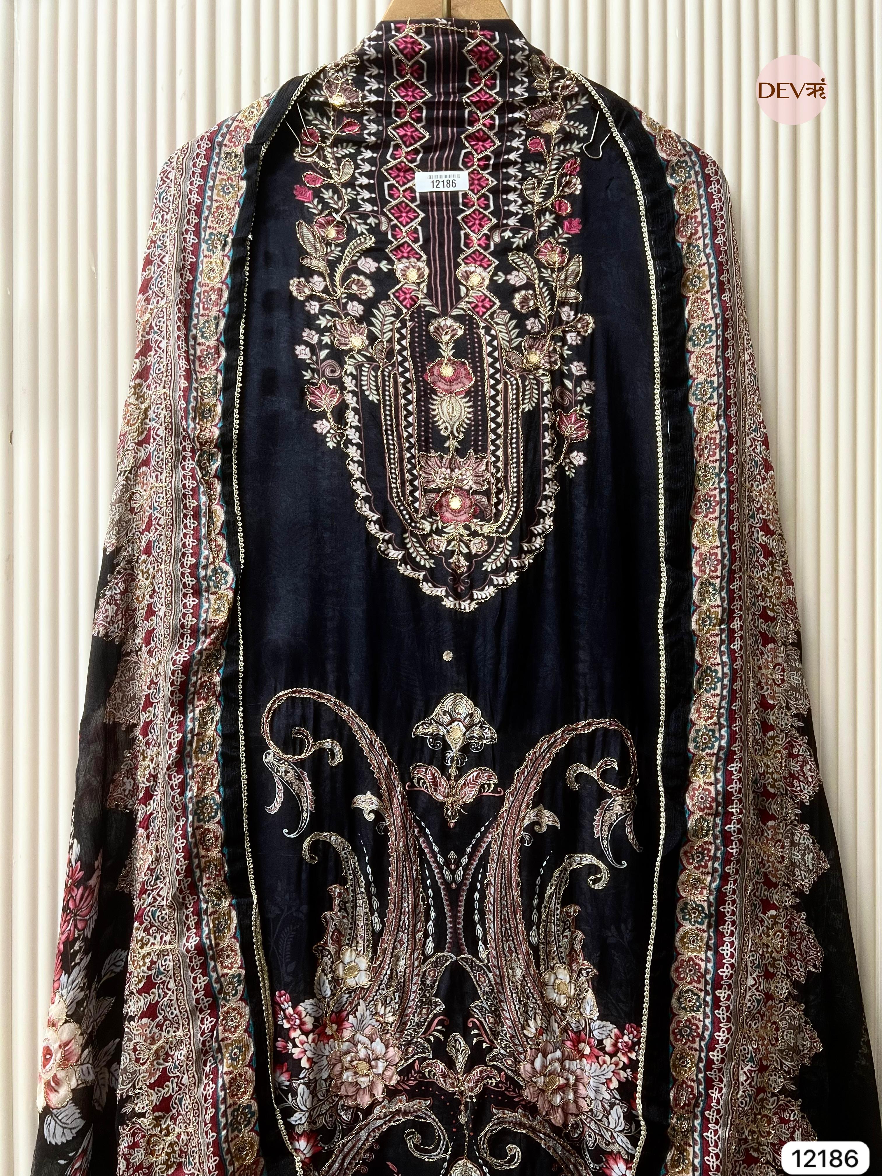 Black Pure Muslin Unstitched Unstitched Printed - Set of 3 - {12186}