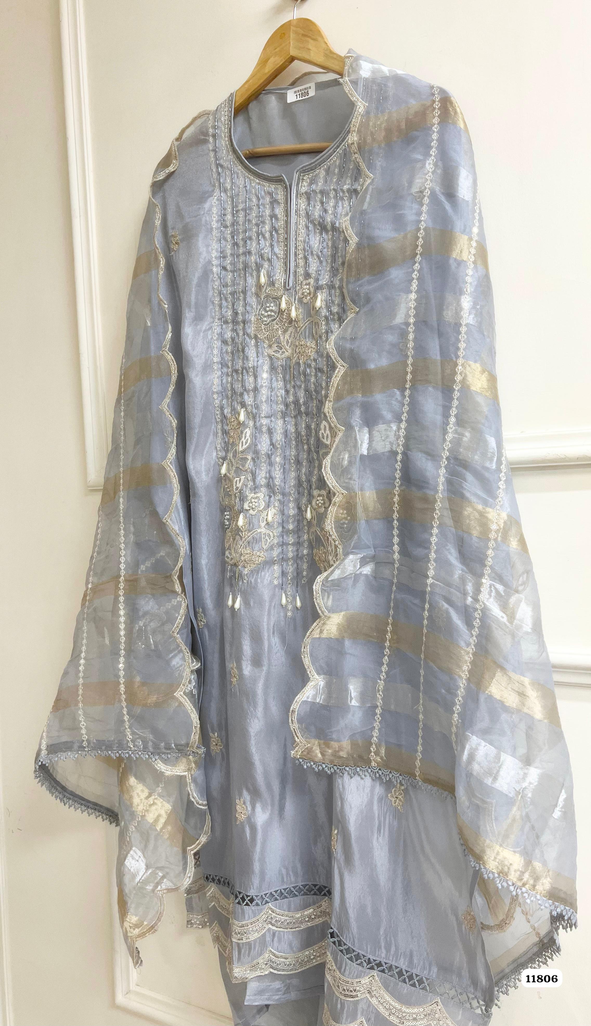 Light Grey Tissue silk unstitched Hand Embroidered -Set Of 3 {11806}