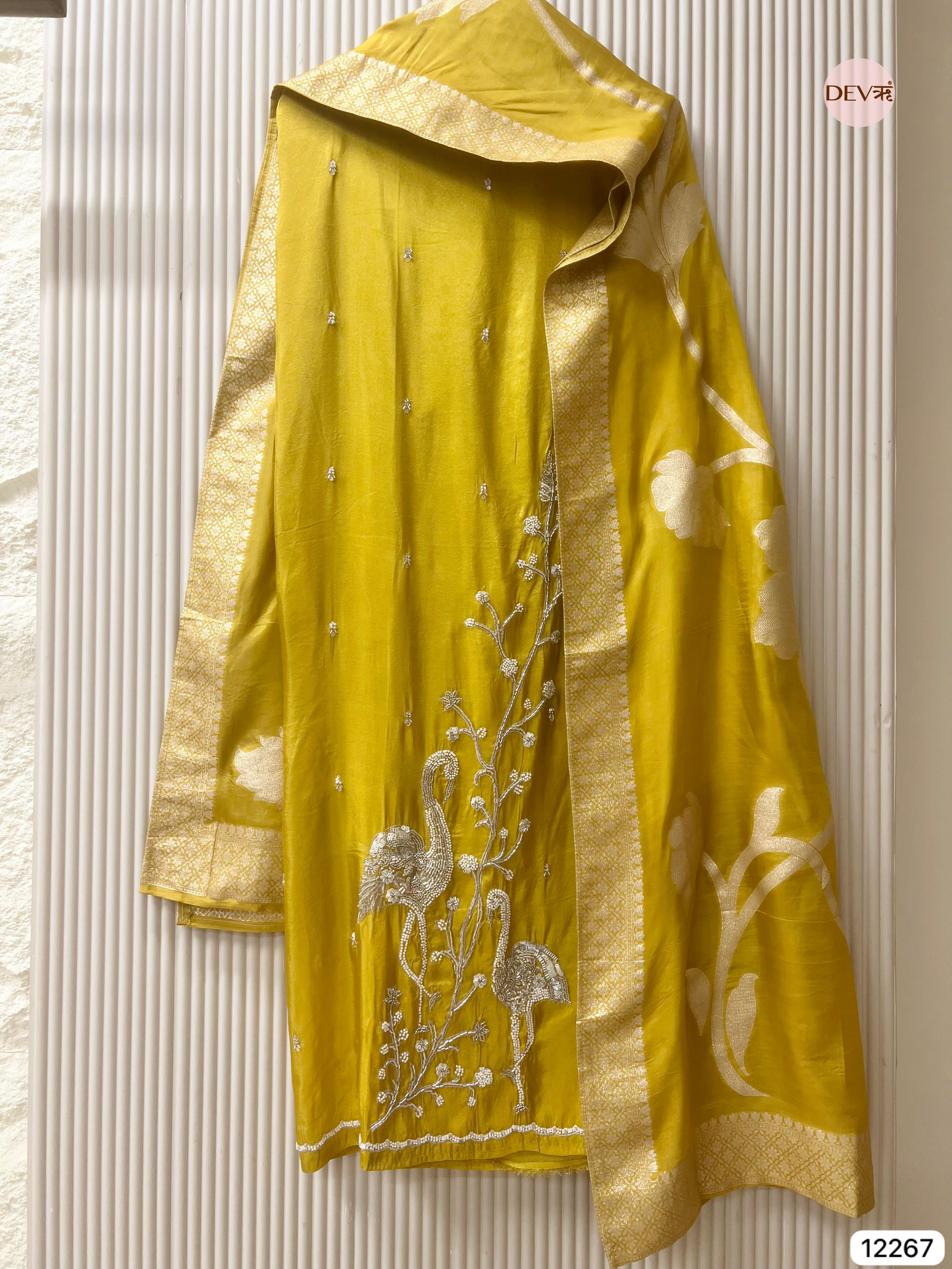 Mustard Shimmer Silk Embroidered Unstitched 3-Piece Suit (Devri – D.No 12267)