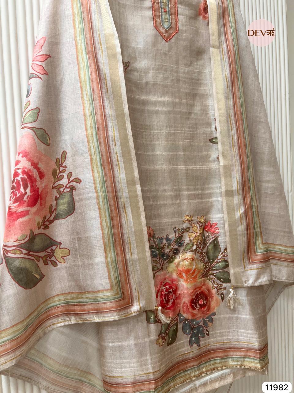 Beige Tusser Silk Printed Unstitched 3-Piece Suit (Devri – D.No 11982)