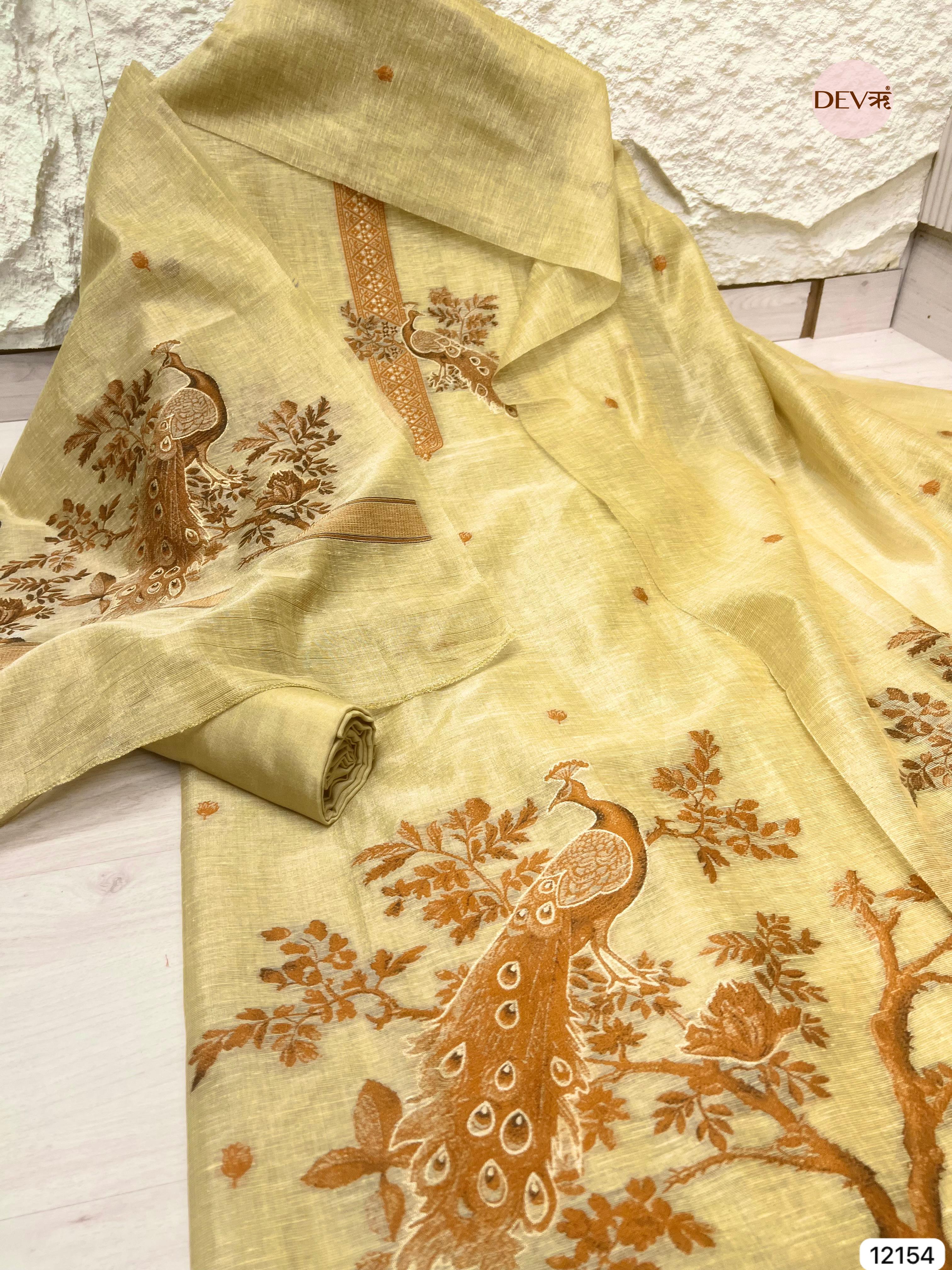 {12154} Yellow Jamdani Linen Unstitched - Set Of 3