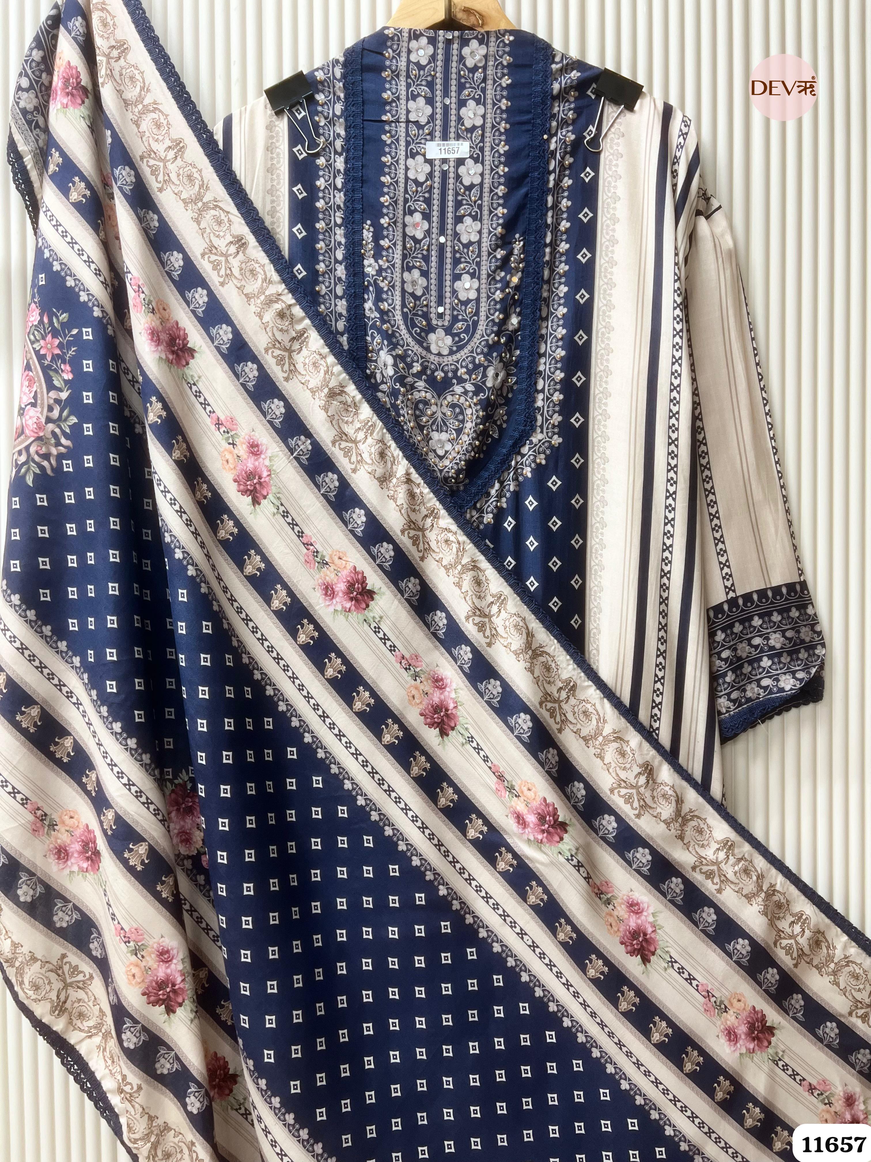 Navy Blue Muslin Printed Semi Stitched Hand Embroidered -Set Of 3 {11657}
