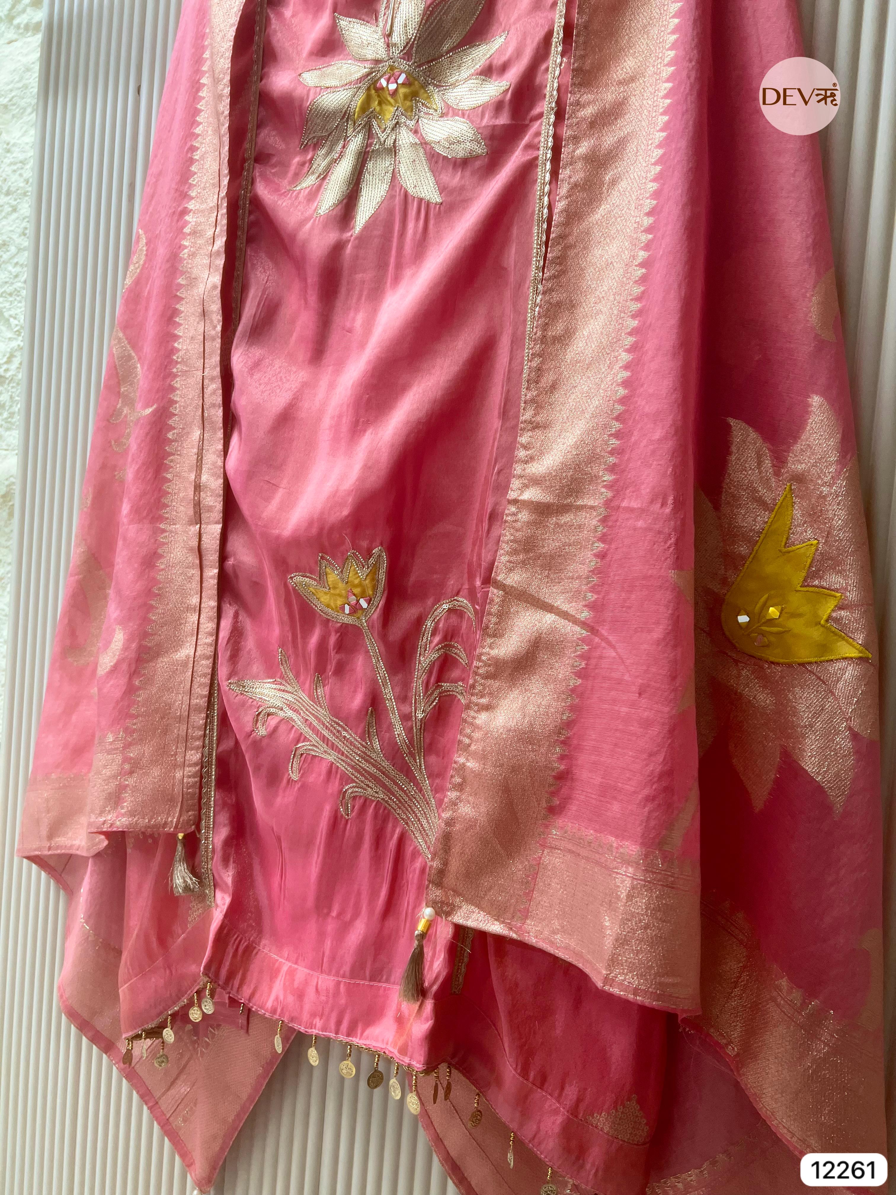 Pink Shimmer Silk Embroidered Unstitched 3-Piece Suit (Devri – D.No 12261)