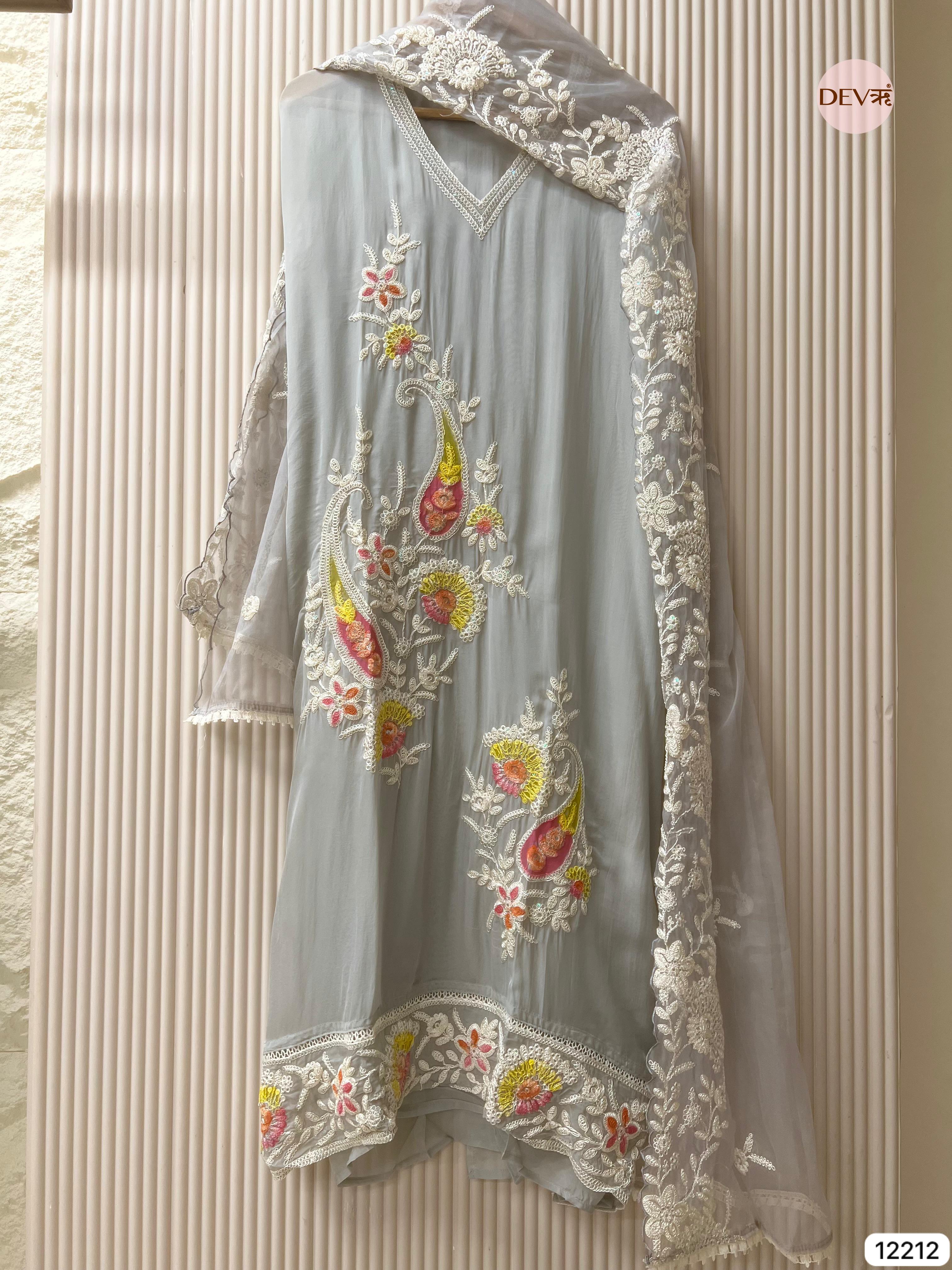 Gulbahar Soft Organza Thread-Embroidered 3-Piece Set (Devri – D.No 12212)