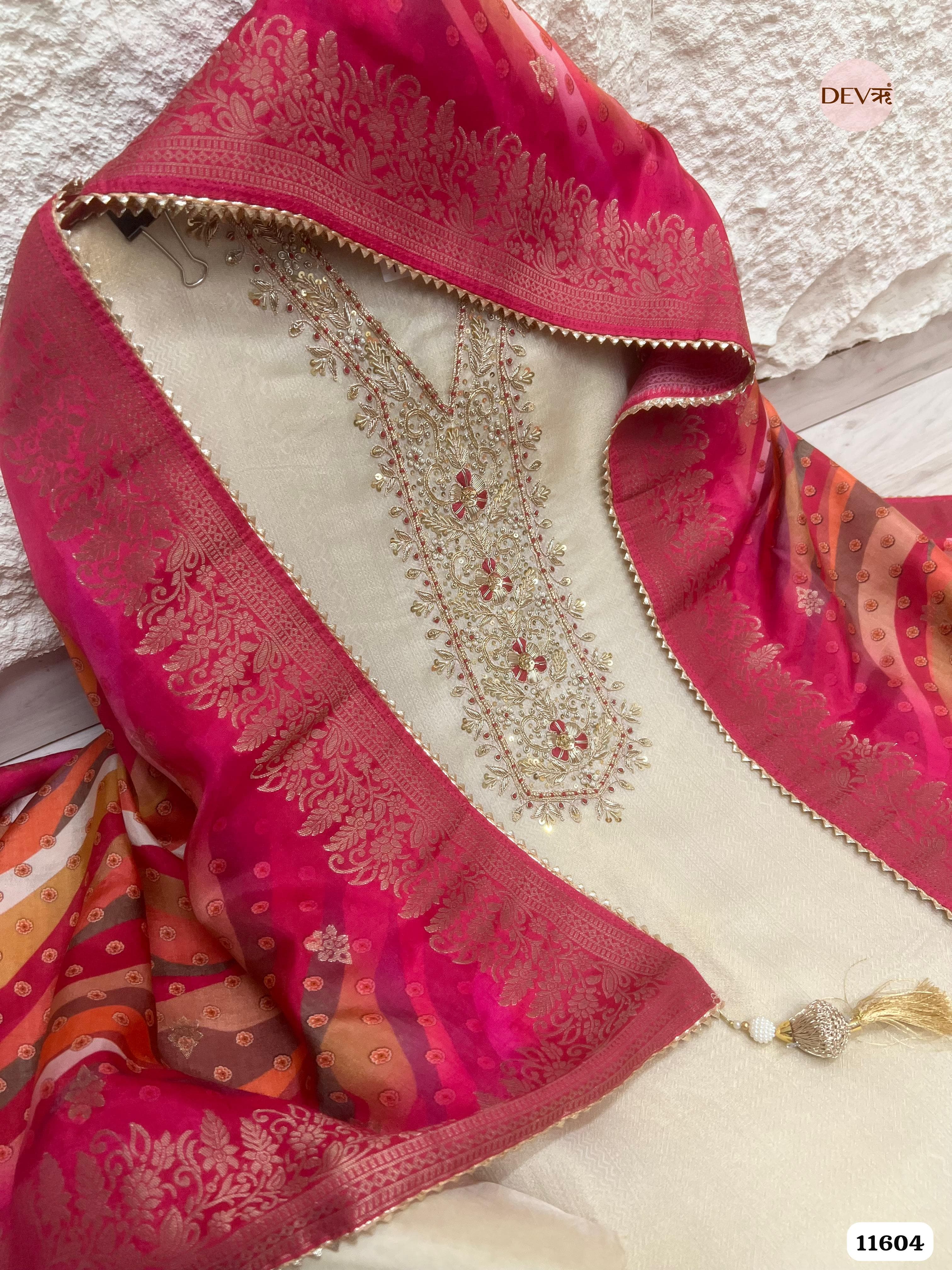 Cream Colour Pure Tissue Silk Unstitched Hand Embroidered -Set Of 3 {11604}