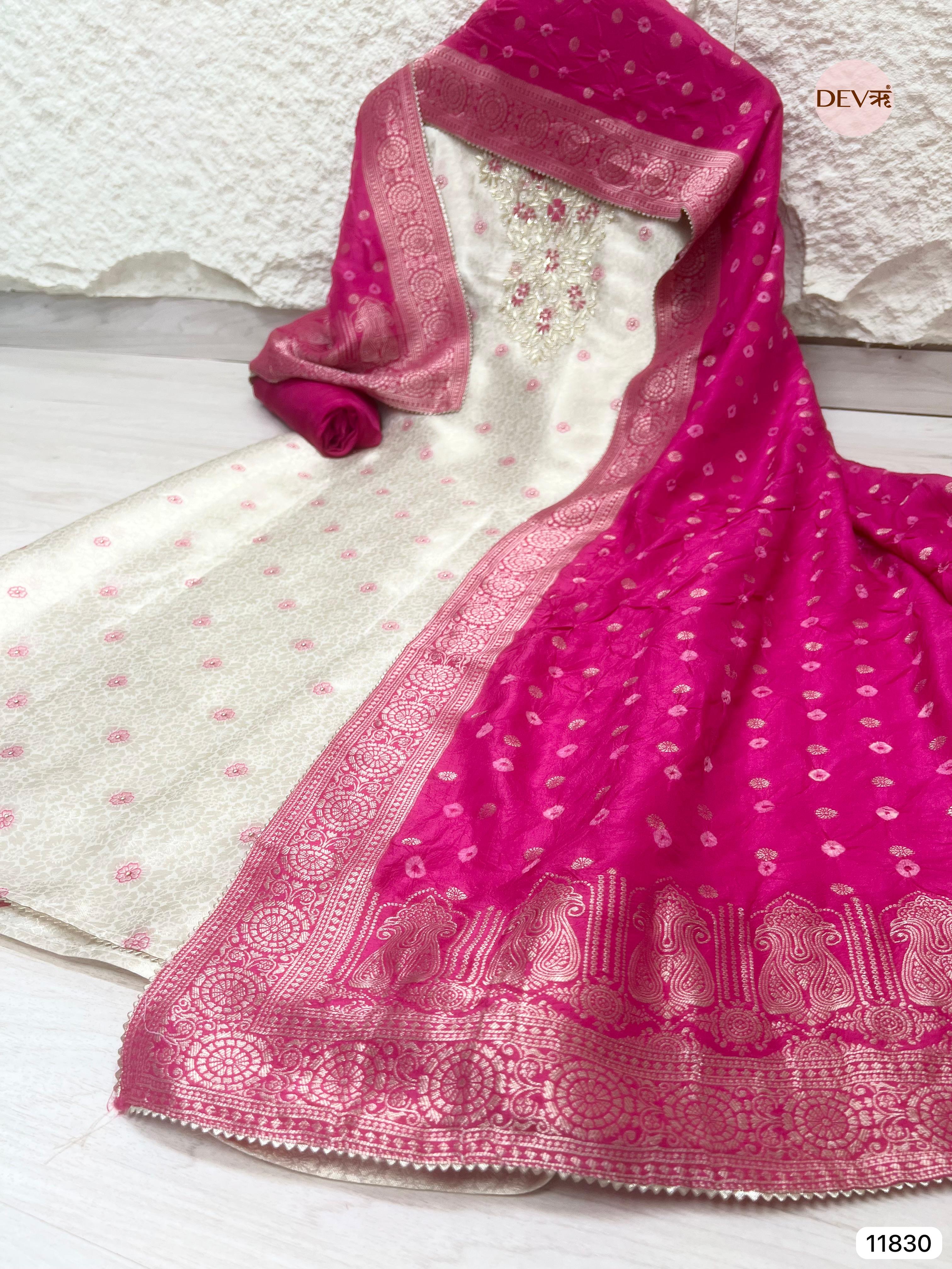 Off white Pure Tissue Shimmer Silk Unstitched Hand Embroidered -Set Of 3 - {11830}