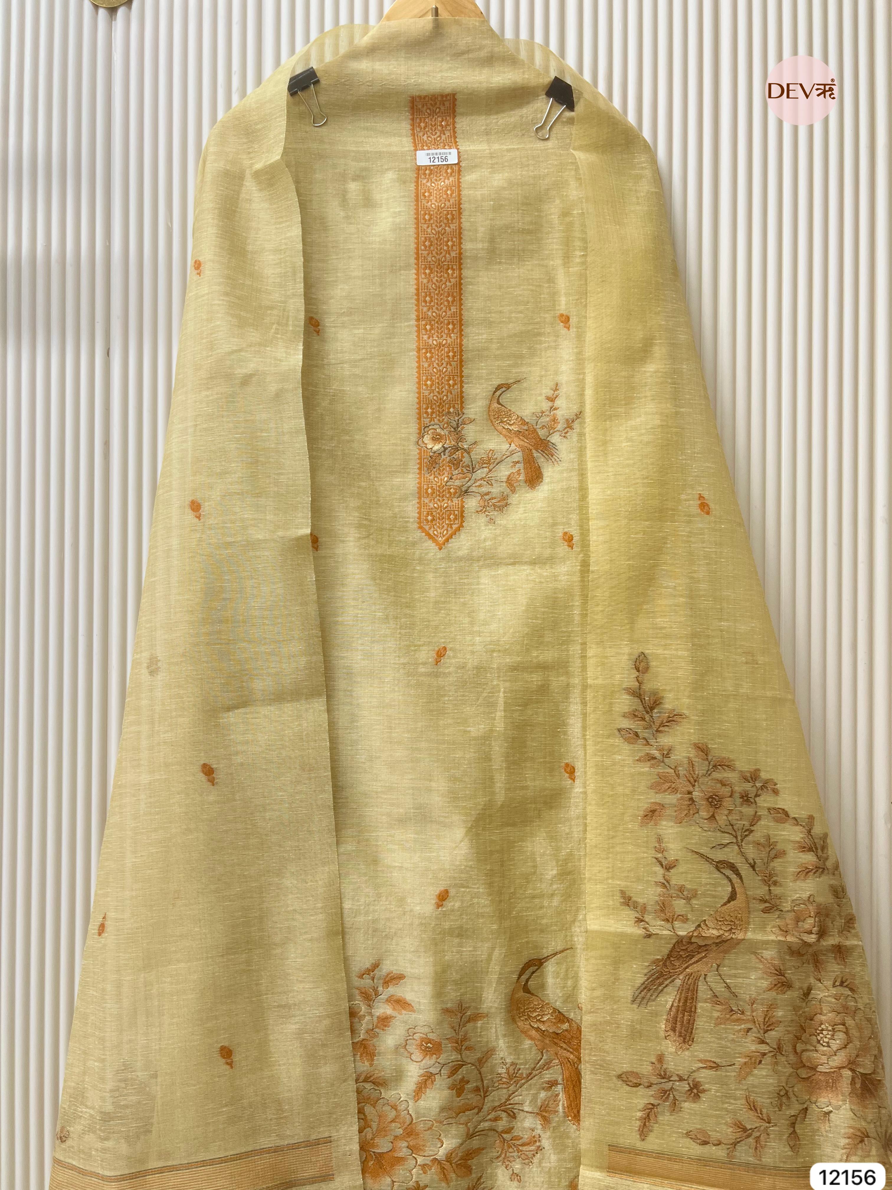 Yellow Pure Jamdani Linen Unstitched - Set Of 3 - {12156}