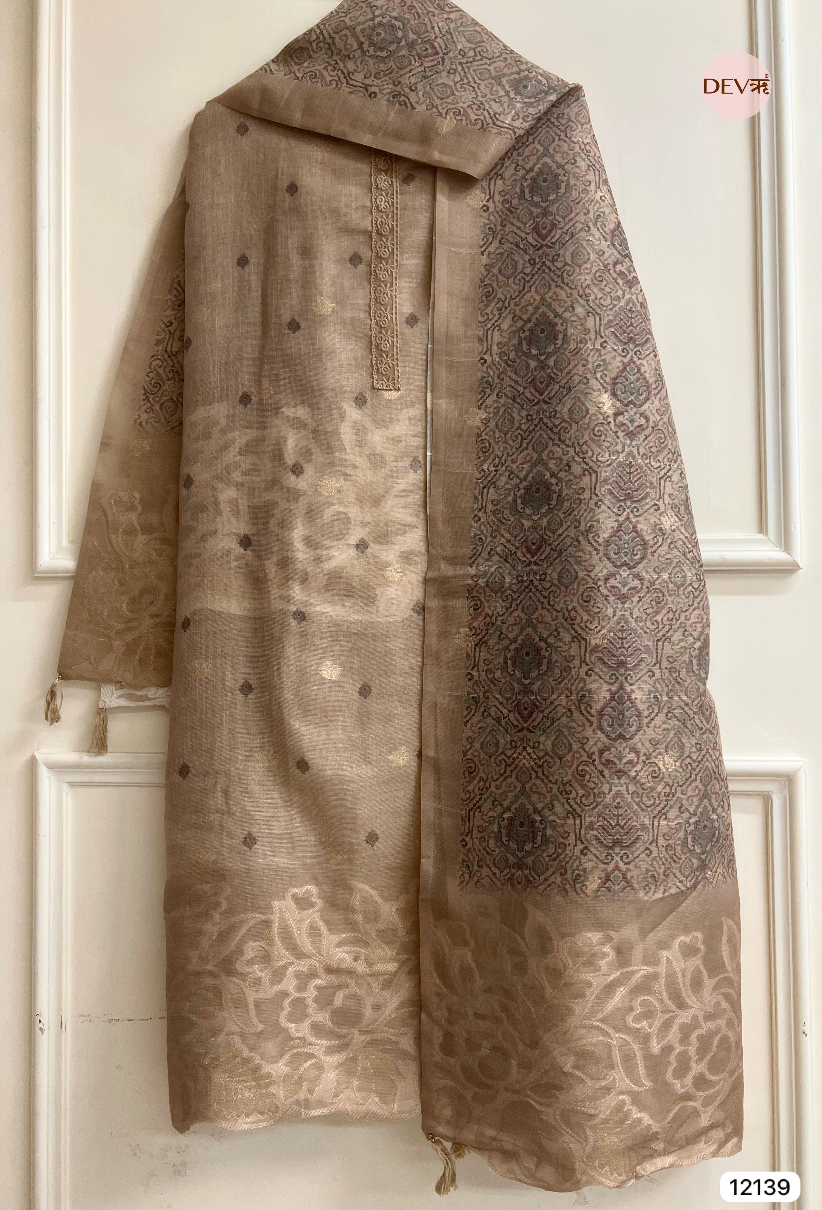 Beige Pure Jamdhani Silk Unstitched Woven Embroidered -Set Of 3 - {12139}