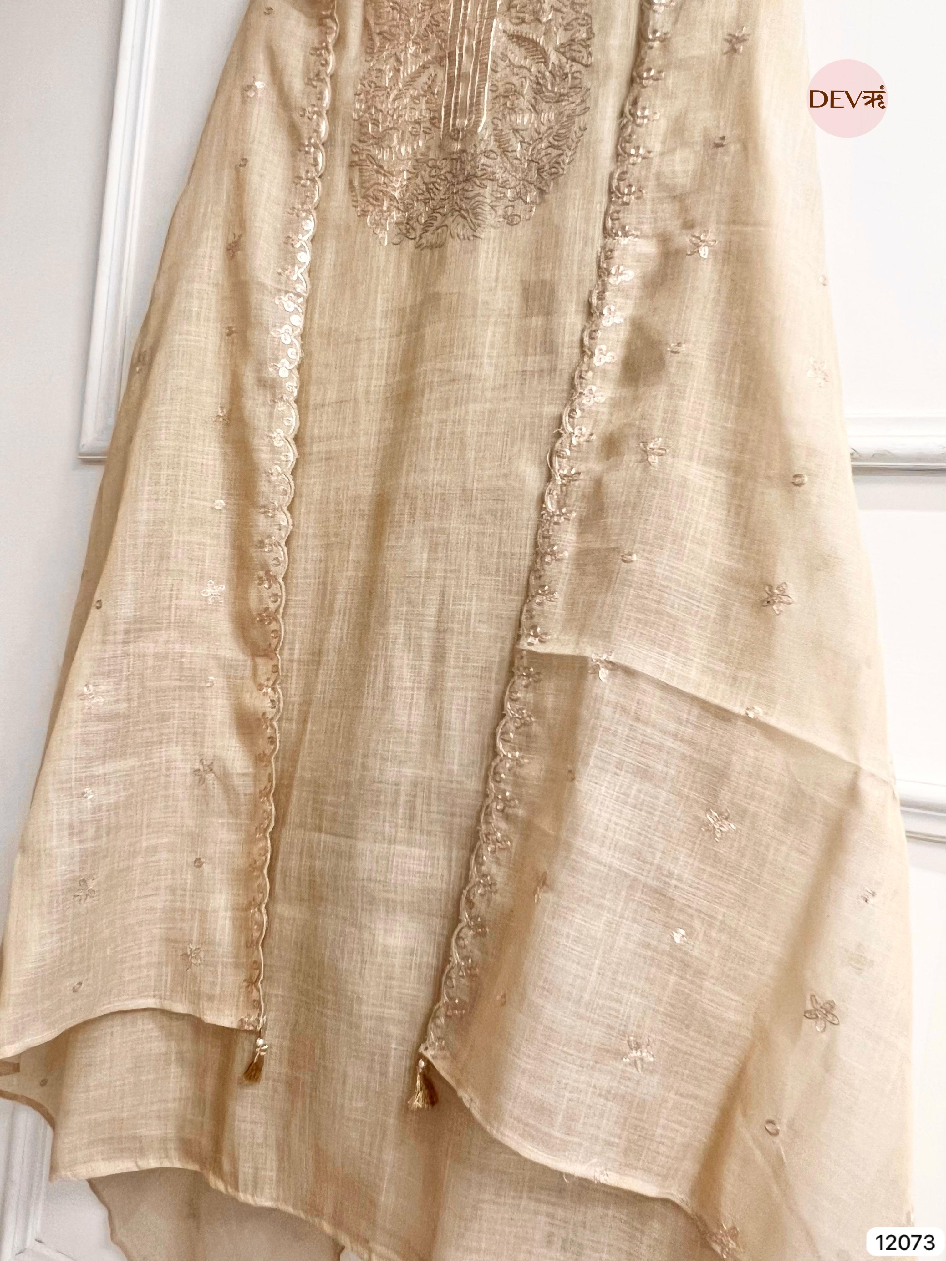 Beige Pure Linen Unstitched Zardosi Embroidered -Set Of 3 - {12073}