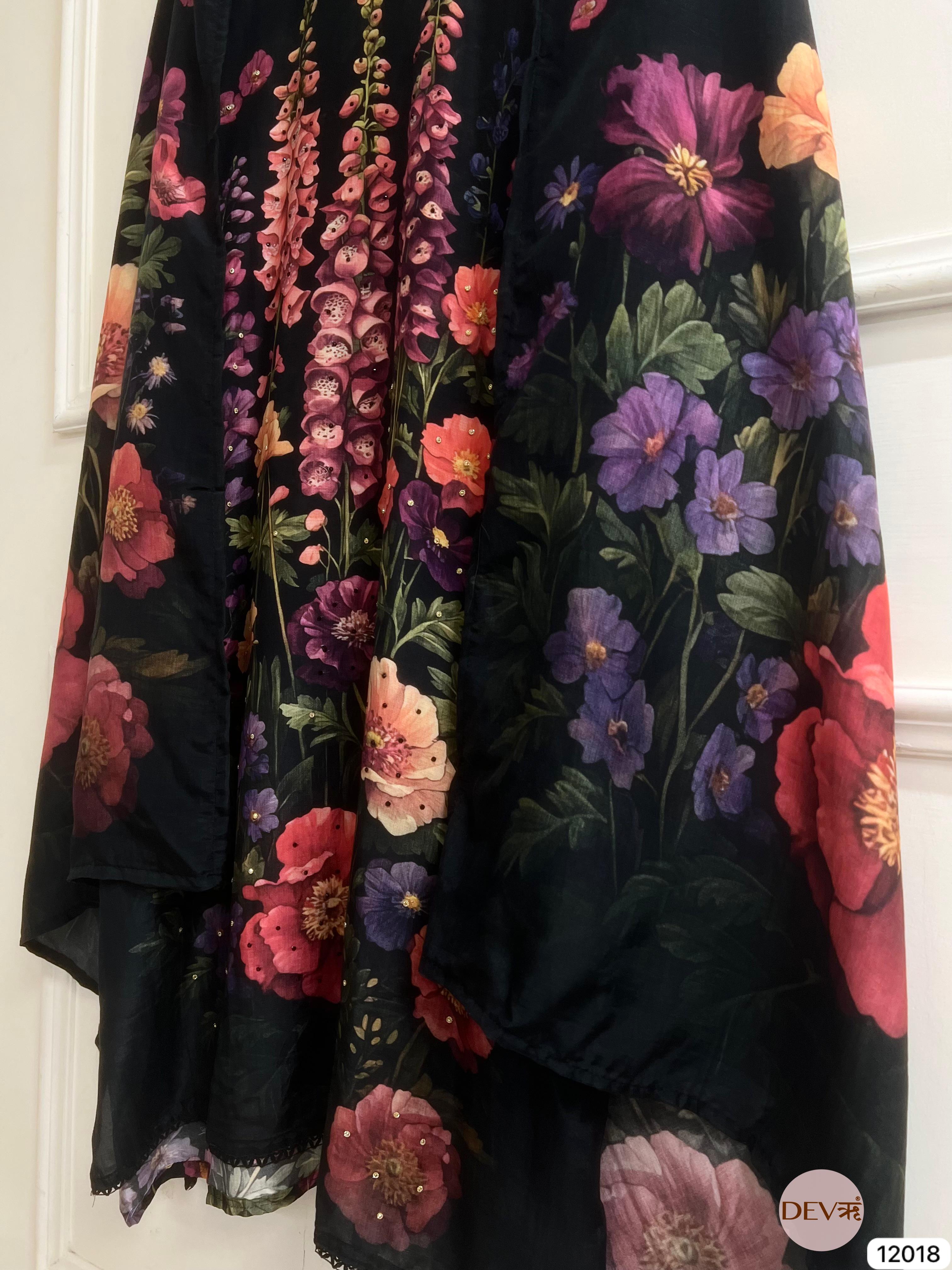 Black Muslin Semi Stitched Printed Hand Embroidered -Set Of 3 - {12018}