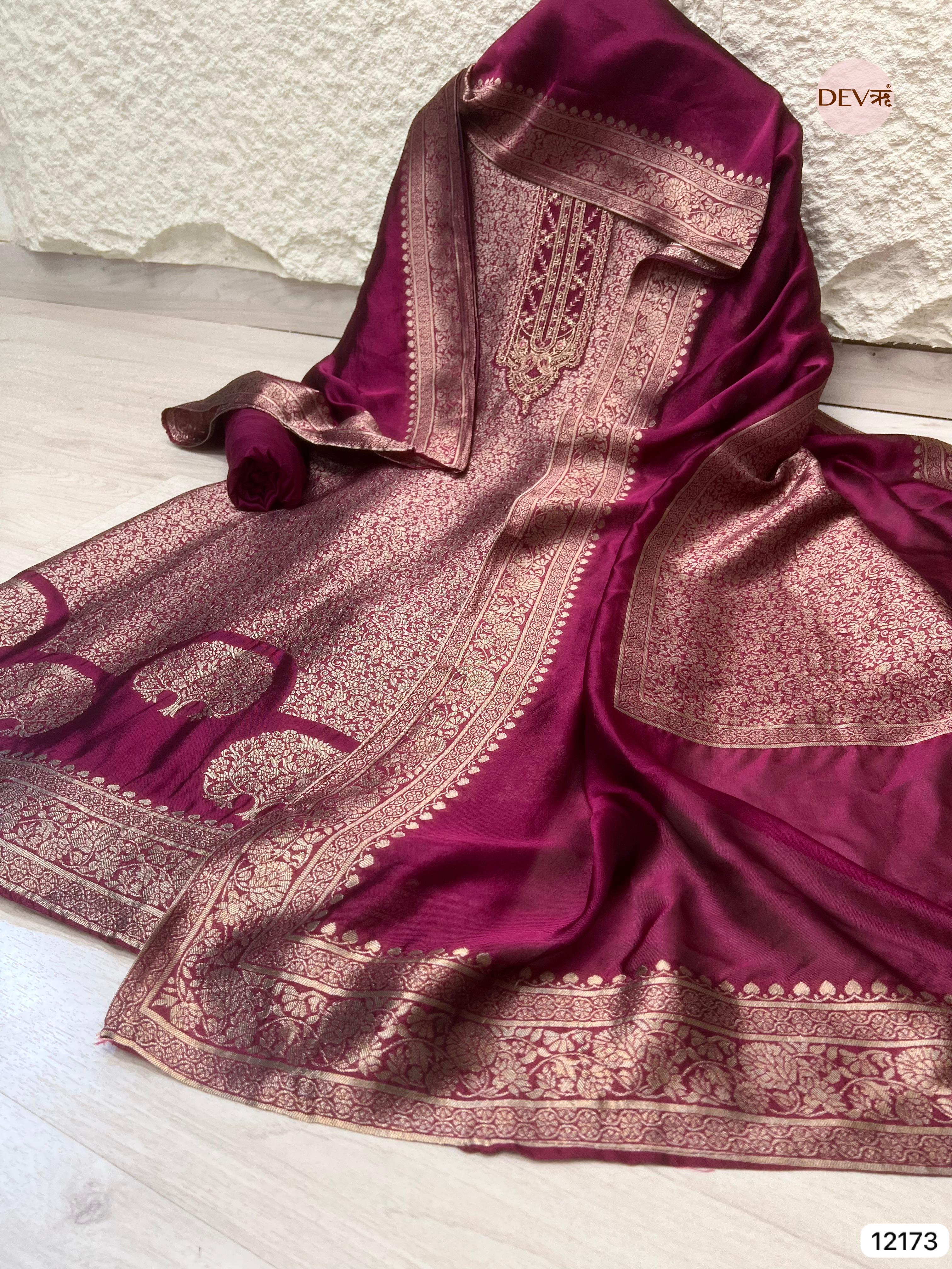Dark Magenta Pure Banarasi silk Unstitched Hand Embroidered -Set Of 3 - {12173}
