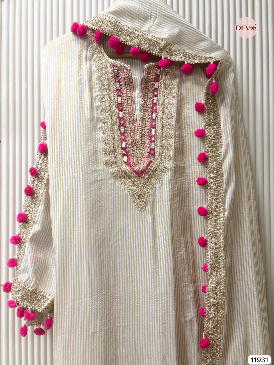Cream Colour Tissue Shimmer Silk Unstitched Hand Embroidered -Set Of 3 - {11931}