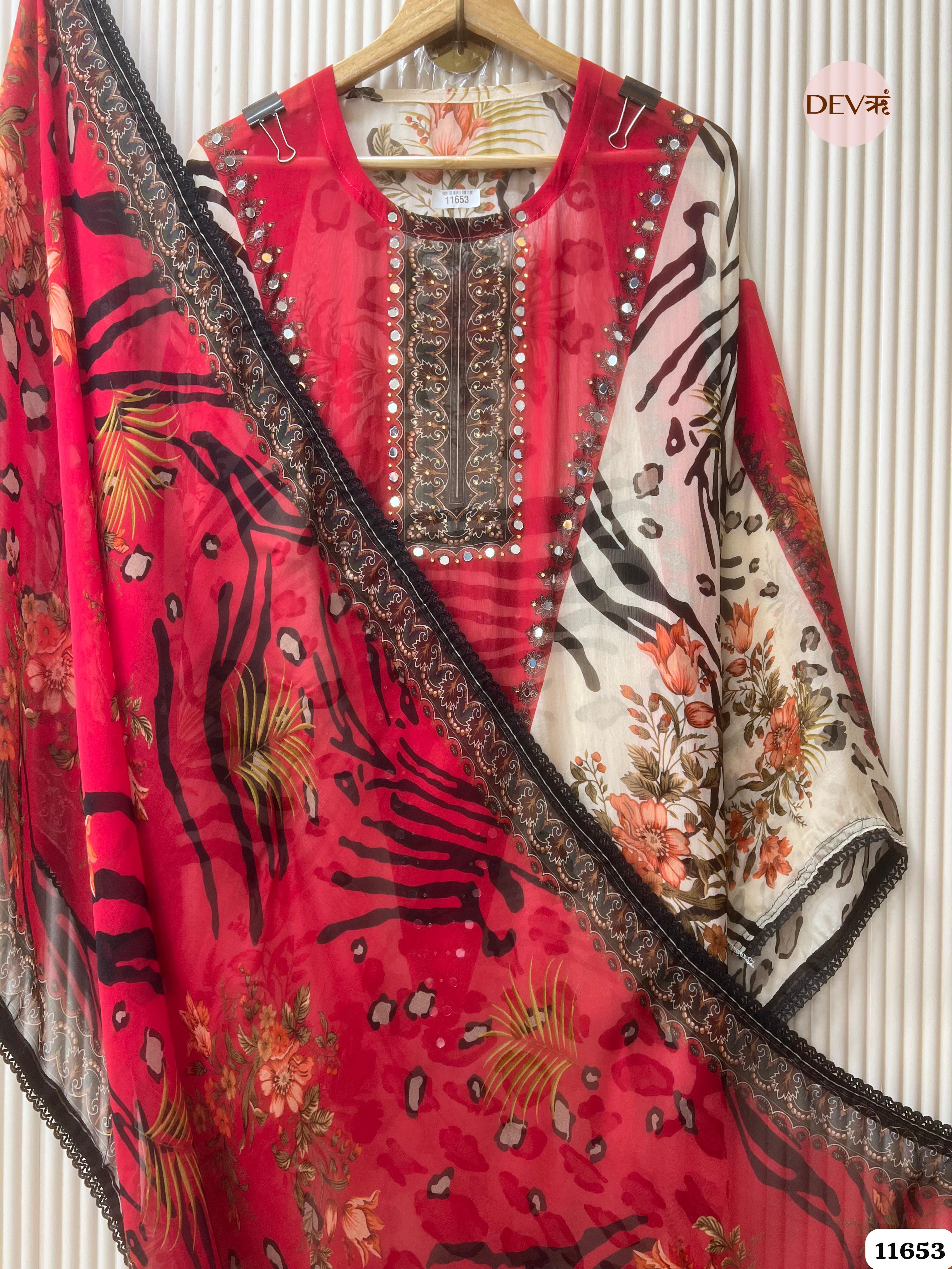 Red Organza Printed Semi Stitched Hand Embroidered -Set Of 3 {11653}
