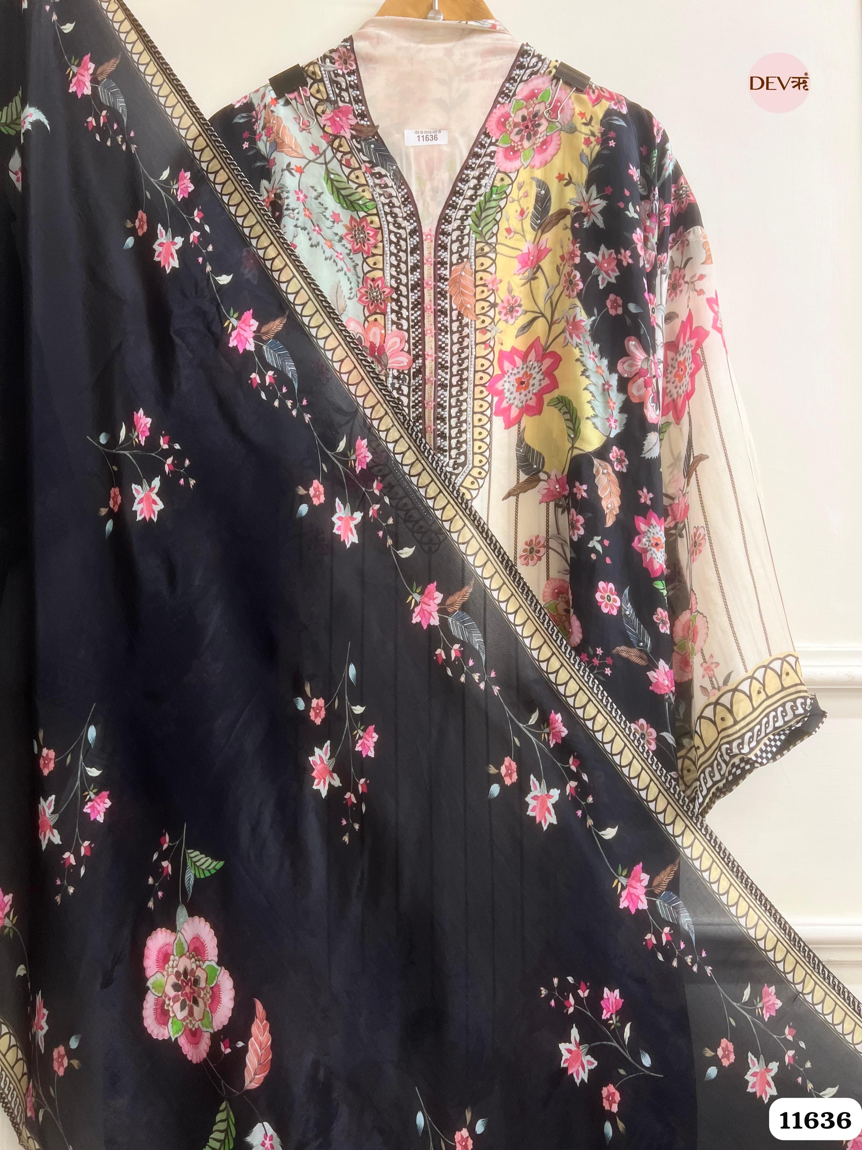 Multi Colour Organza Printed Semi stitched Hand Embroidered -Set Of 3 {11636}