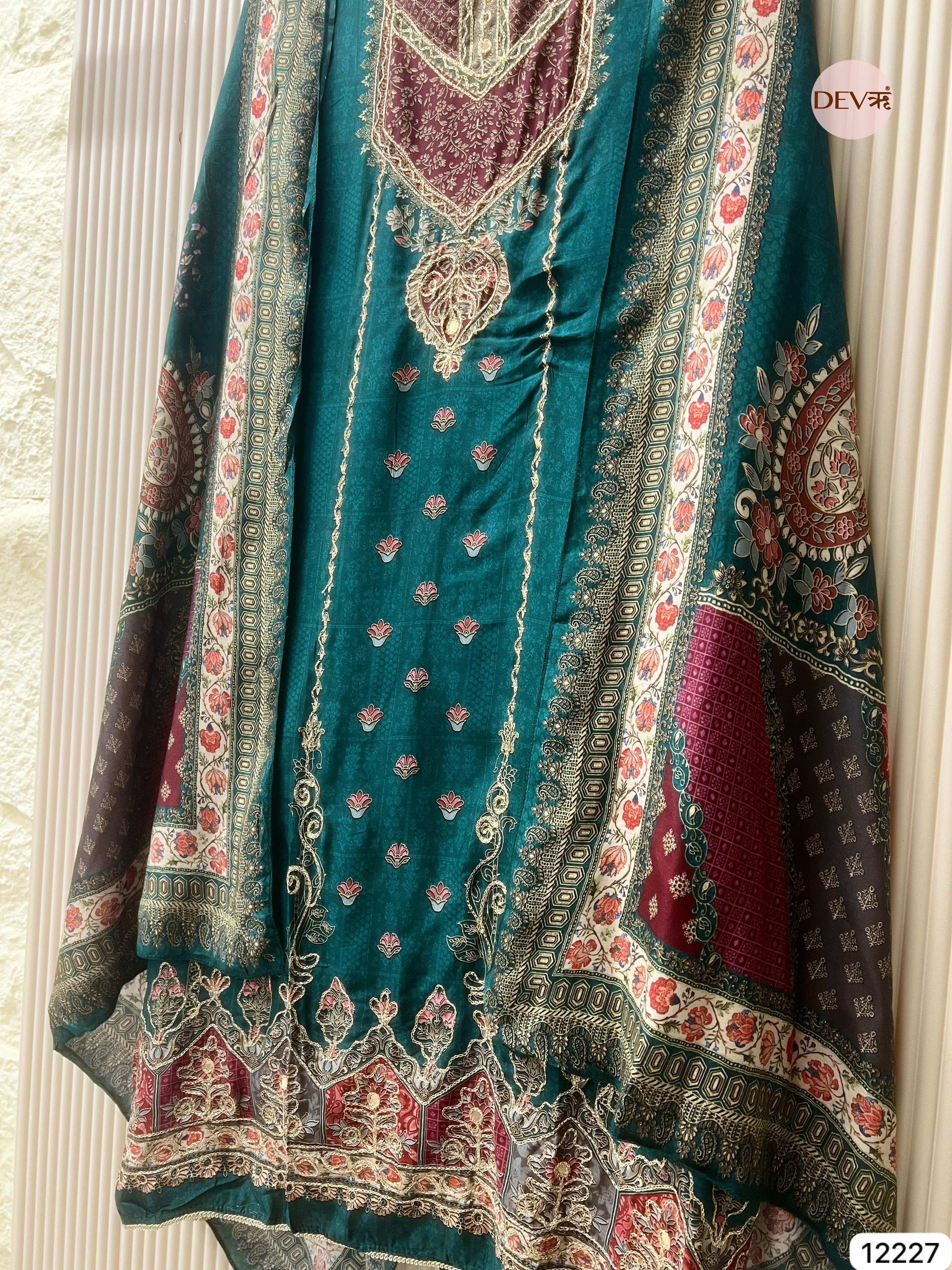 Teal Pure Muslin Printed Unstitched 3-Piece Suit (Devri – D.No 12227)