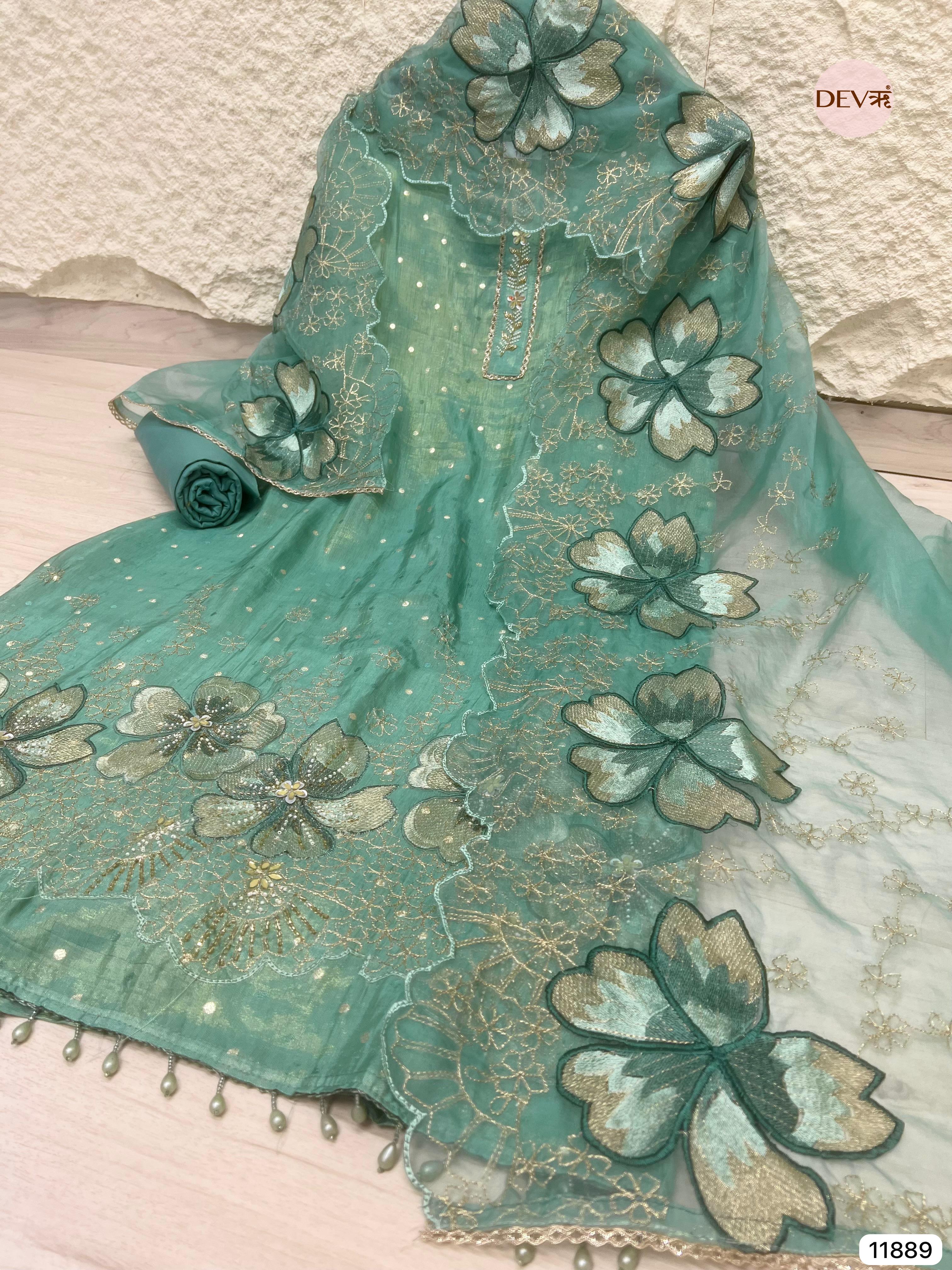 Green Tissue Silk Unstitched Embroidered -Set Of 3- {11889}