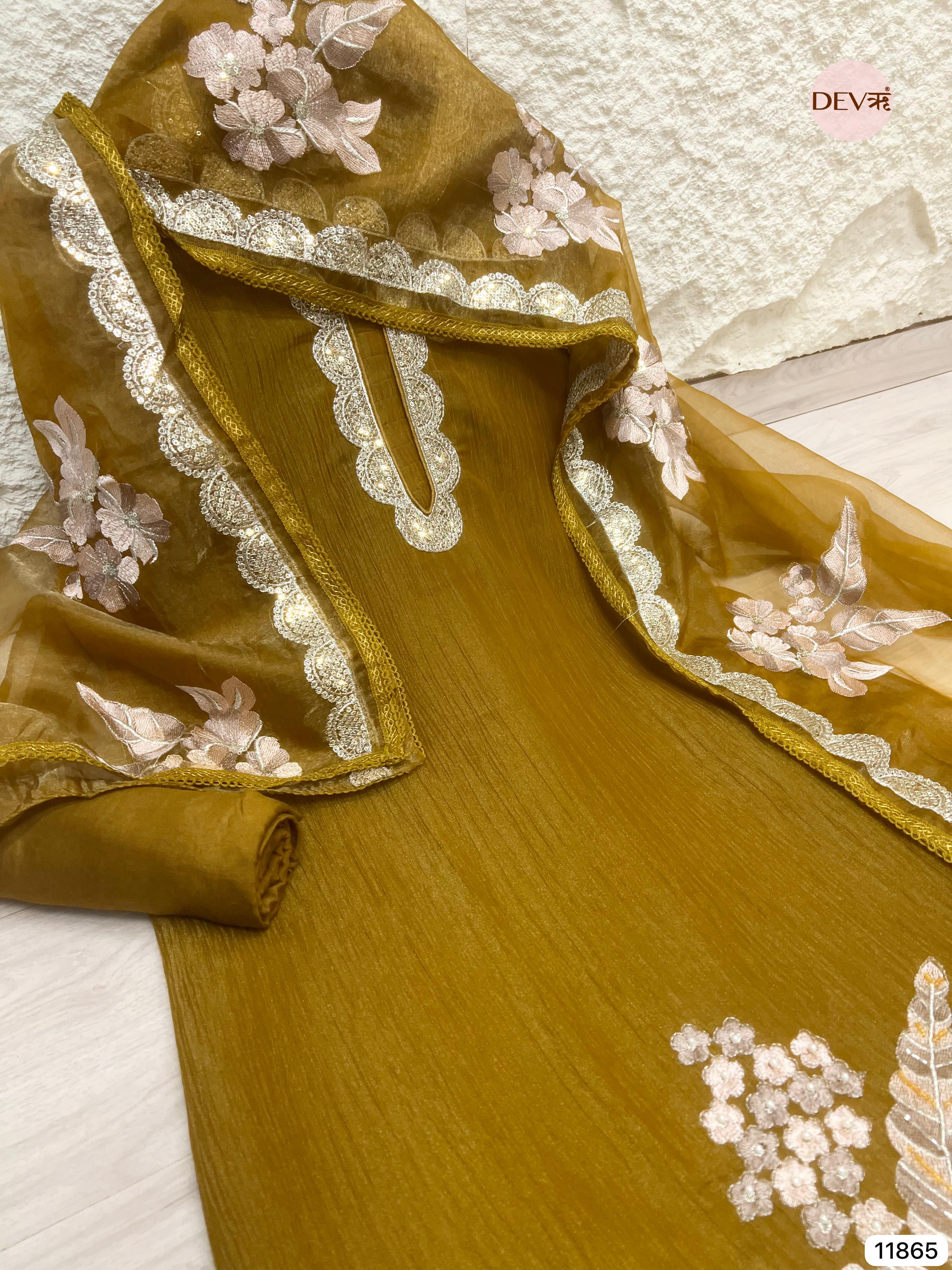 Golden Brown Tissue Crush Silk Unstitched Embroidered -Set Of 3 - {11865}