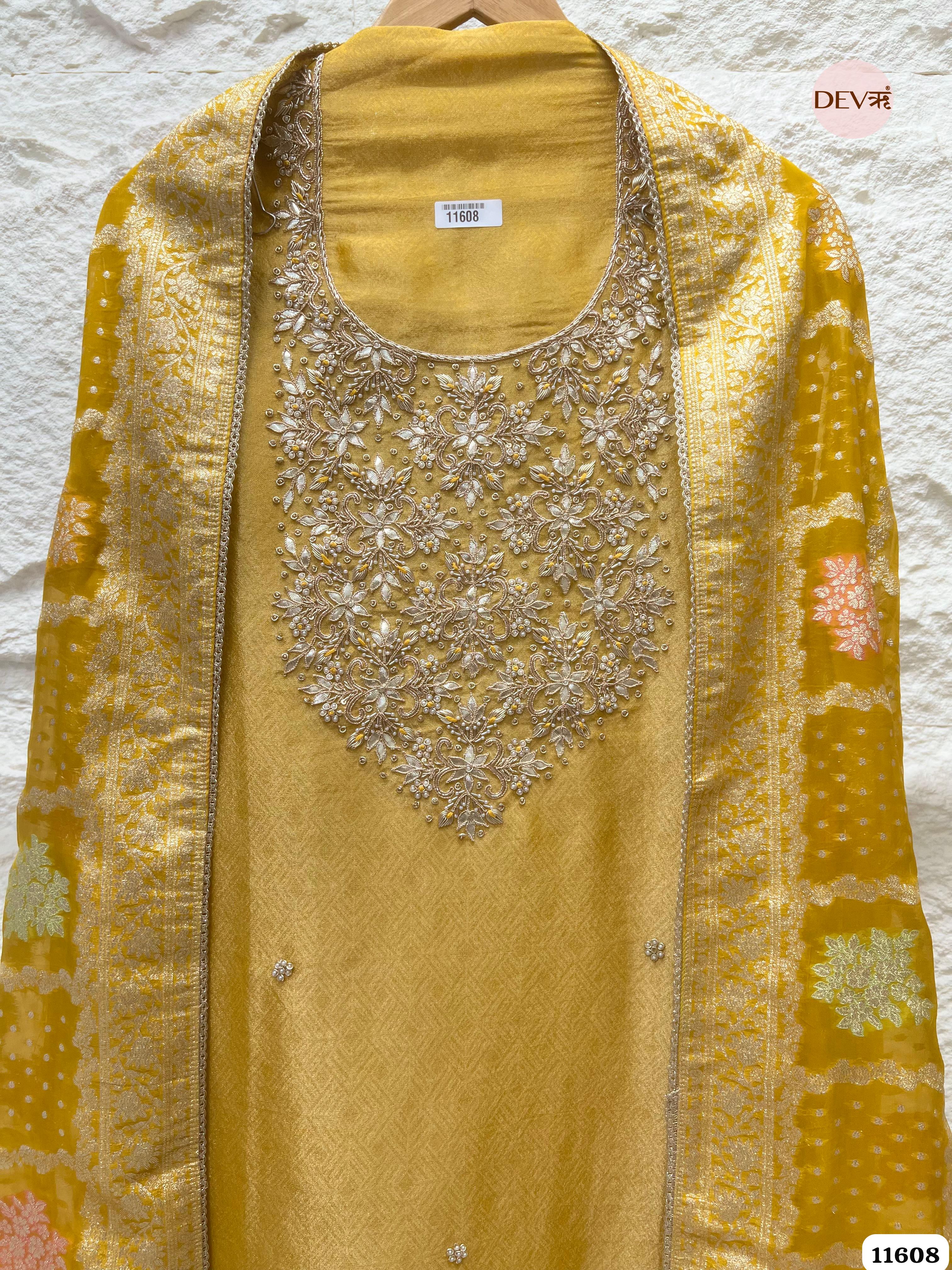 Yellow Pure Tissue Banarasi Silk Unstitched Hand Embroidered -Set Of 3 {11608}