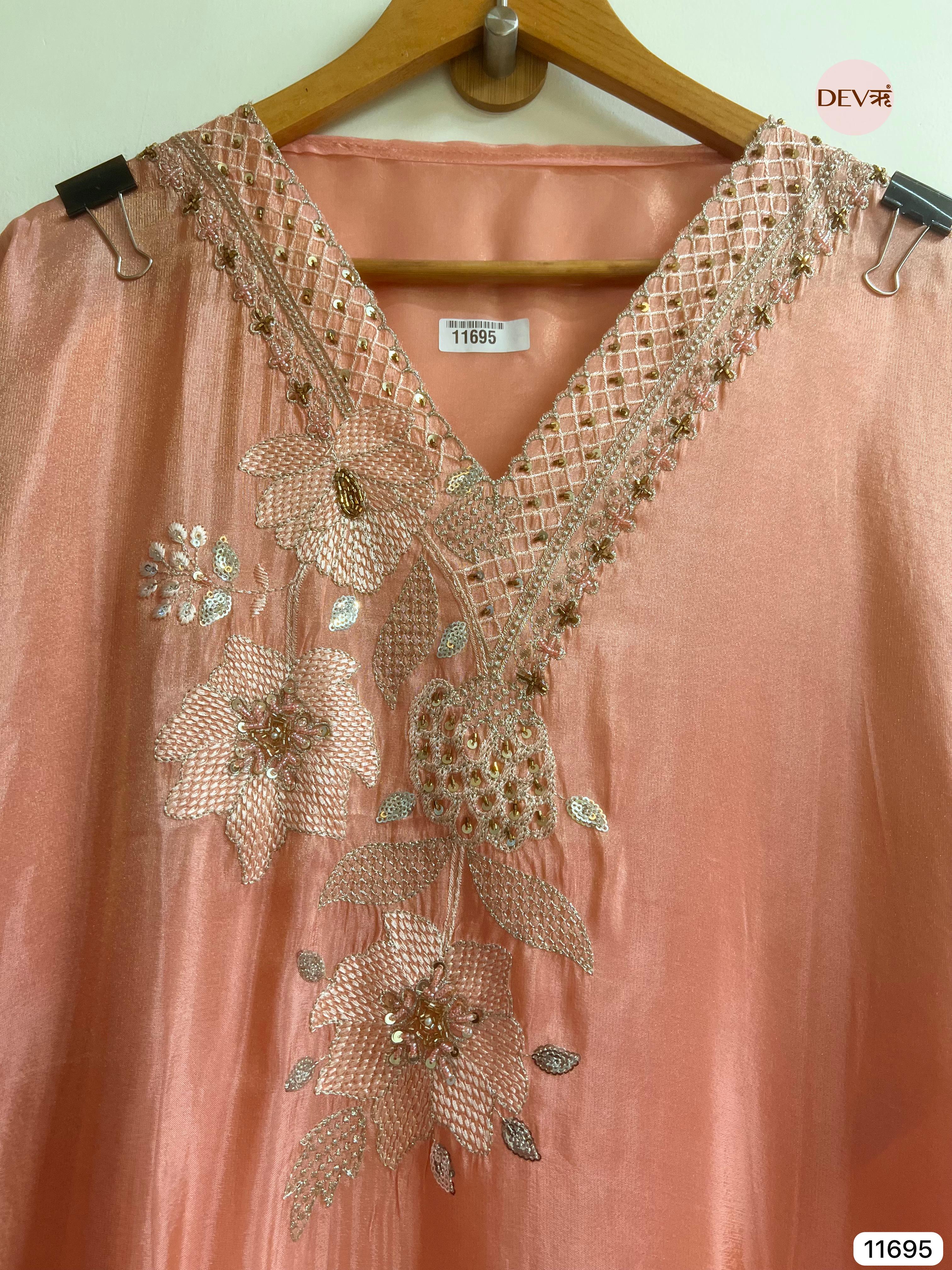 Light Pink Tissue Shimmer Silk Semi Stitched Hand Embroidered -Set Of 3- {11695}