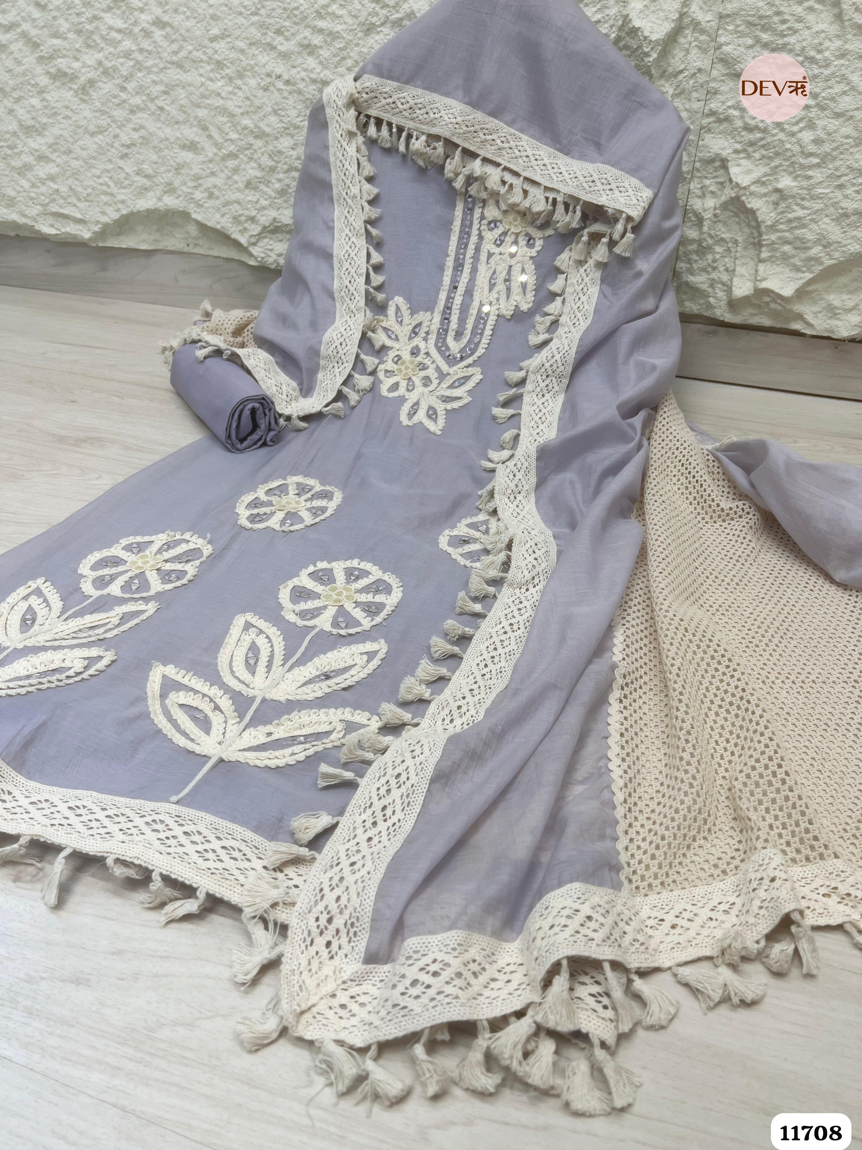 Blue Mul Chanderi Unstitched Hand Embroidered -Set Of 3 {11708}