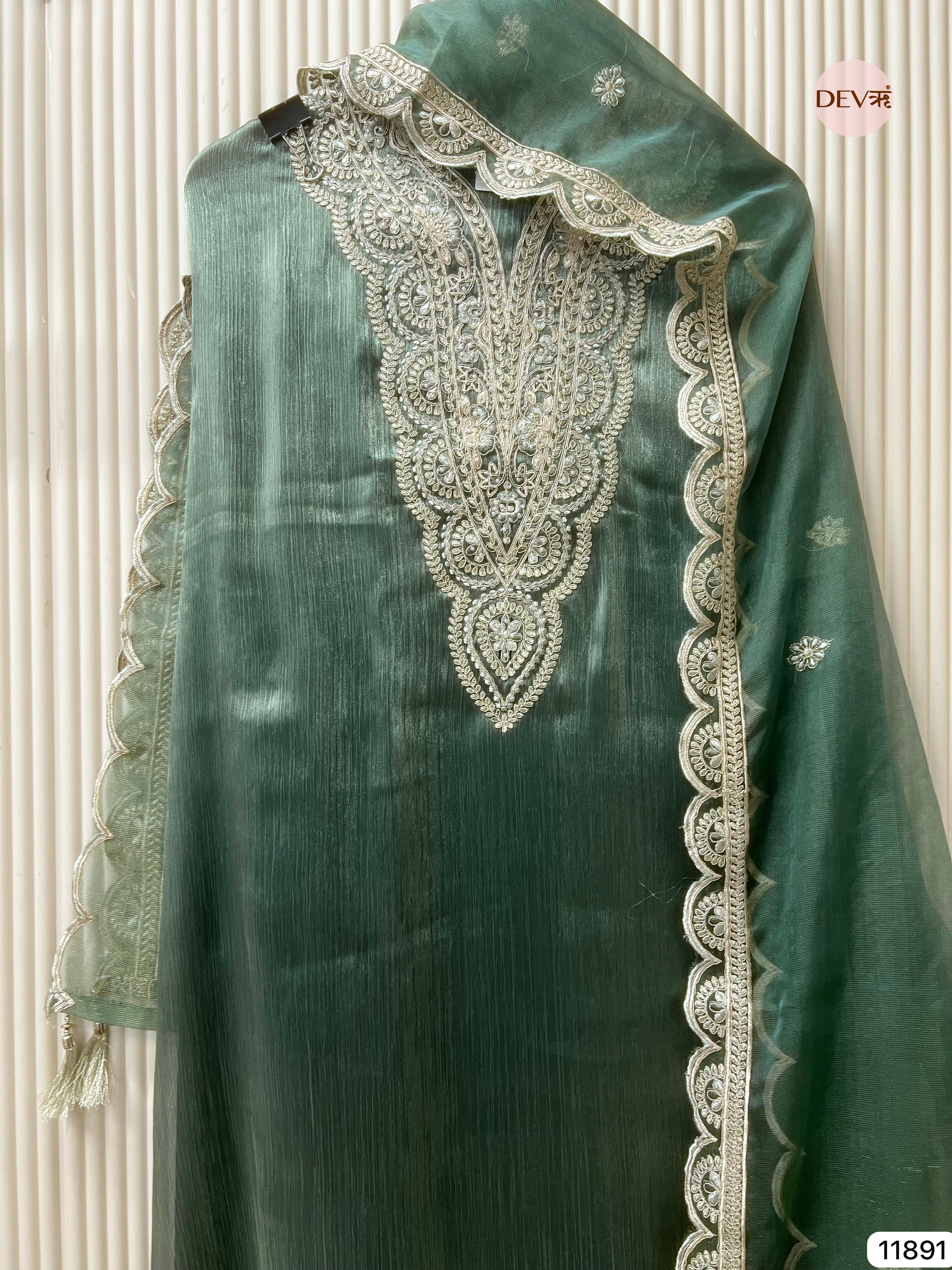 Dark Green Tissue Shimmer Silk Unstitched Printed Embroidered -Set Of 3- {11891}