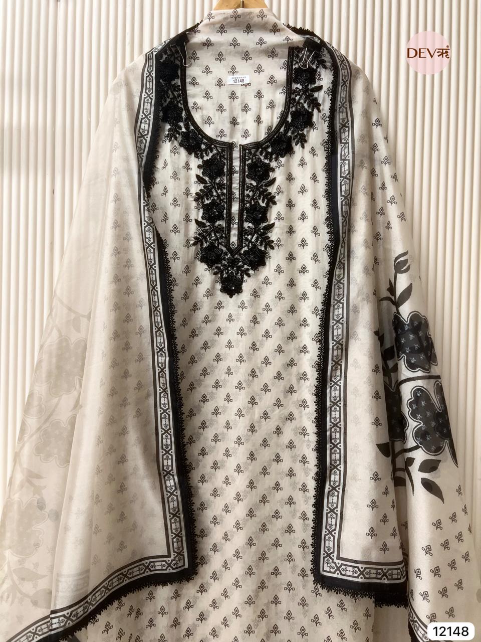 White Pure Organza Embroidered Unstitched 3-Piece Suit (Devri – D.No 12148)