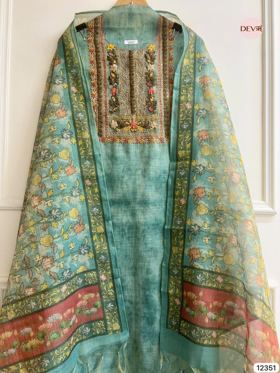 Teal Green Linen Embroidered Unstitched 3-Piece Suit (Devri – D.No 12351)