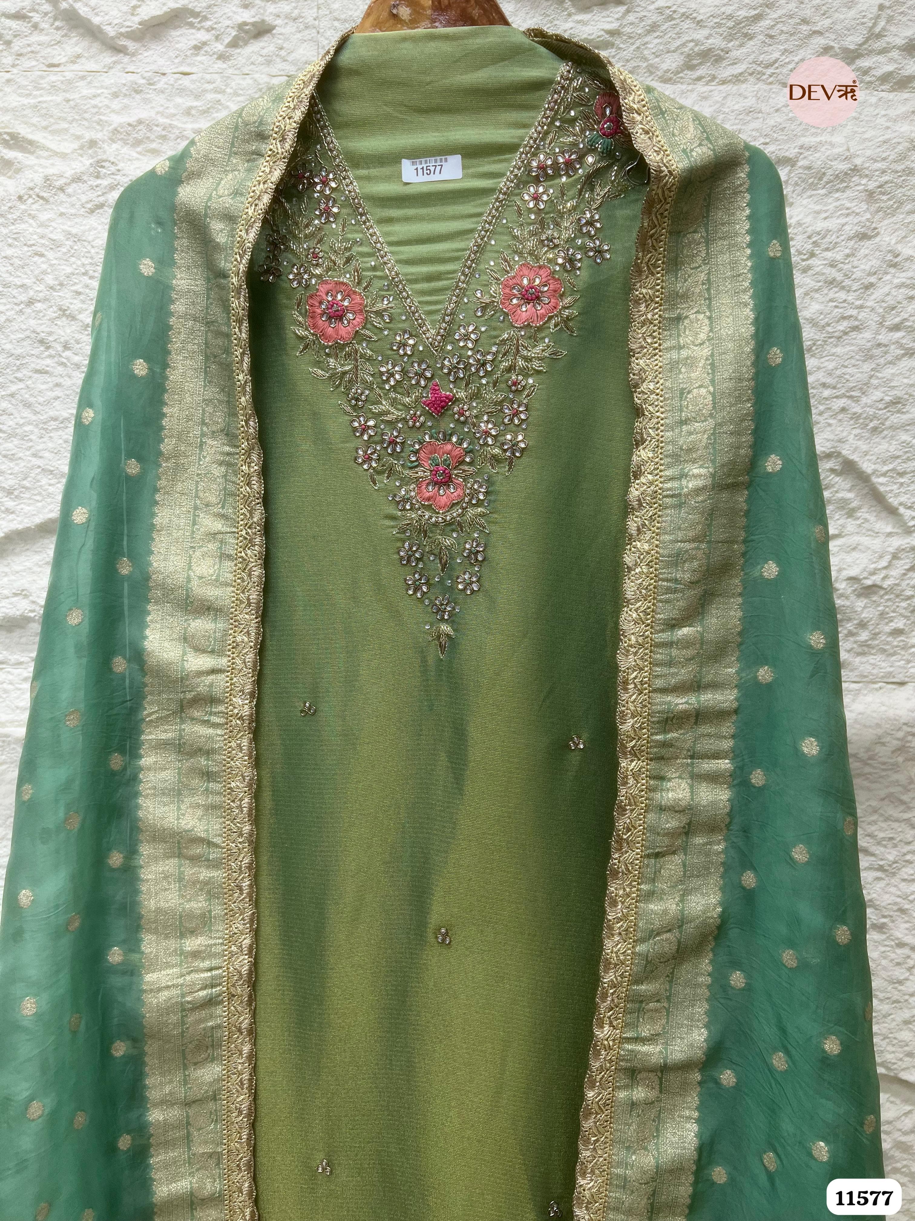 Green Pure Tissue Silk Unstitched Hand Embroidered -Set Of 3 {11577}