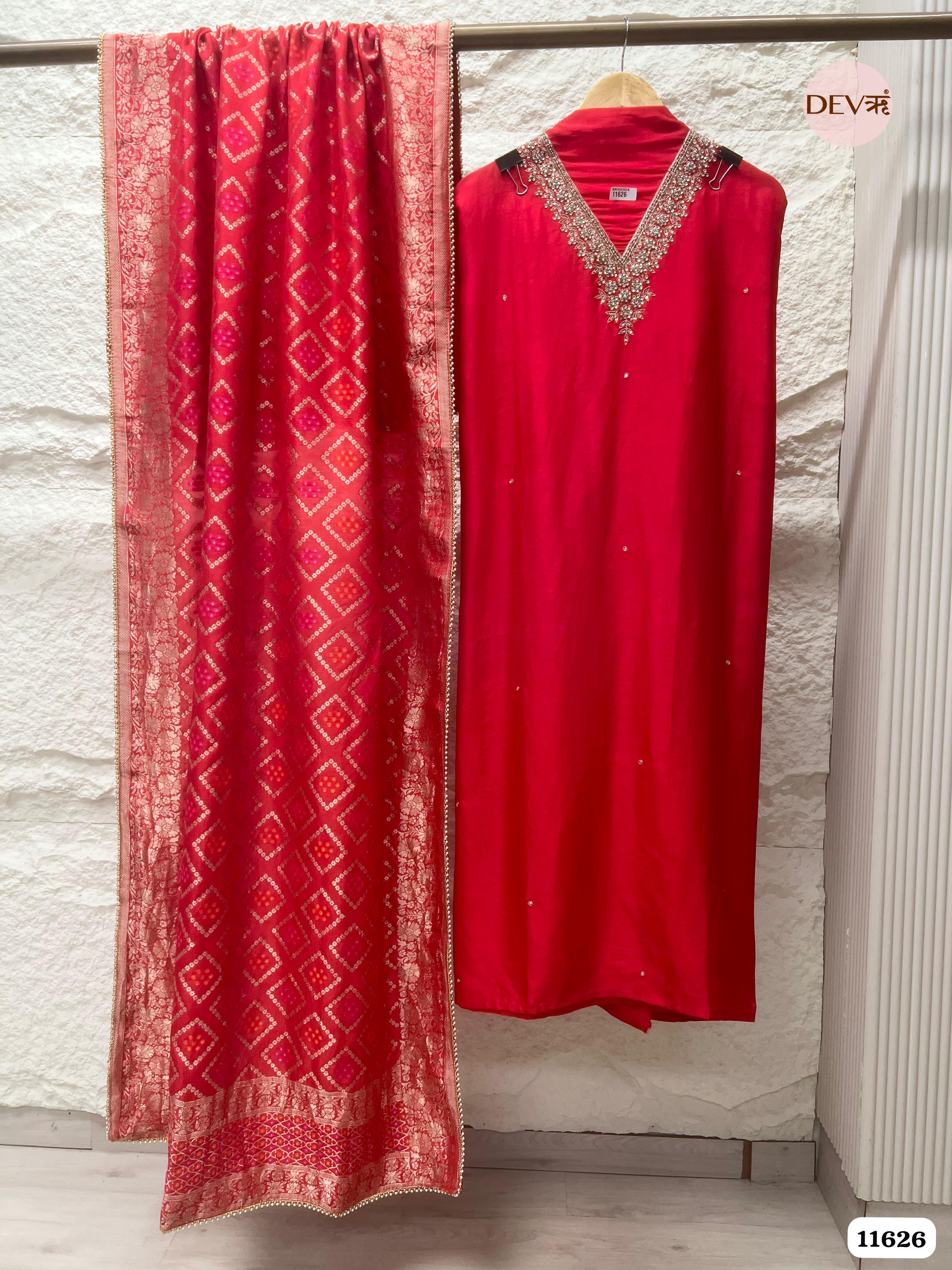 Red Pure Russian Silk Unstitched Hand Embroidered -Set Of 3 {11626}