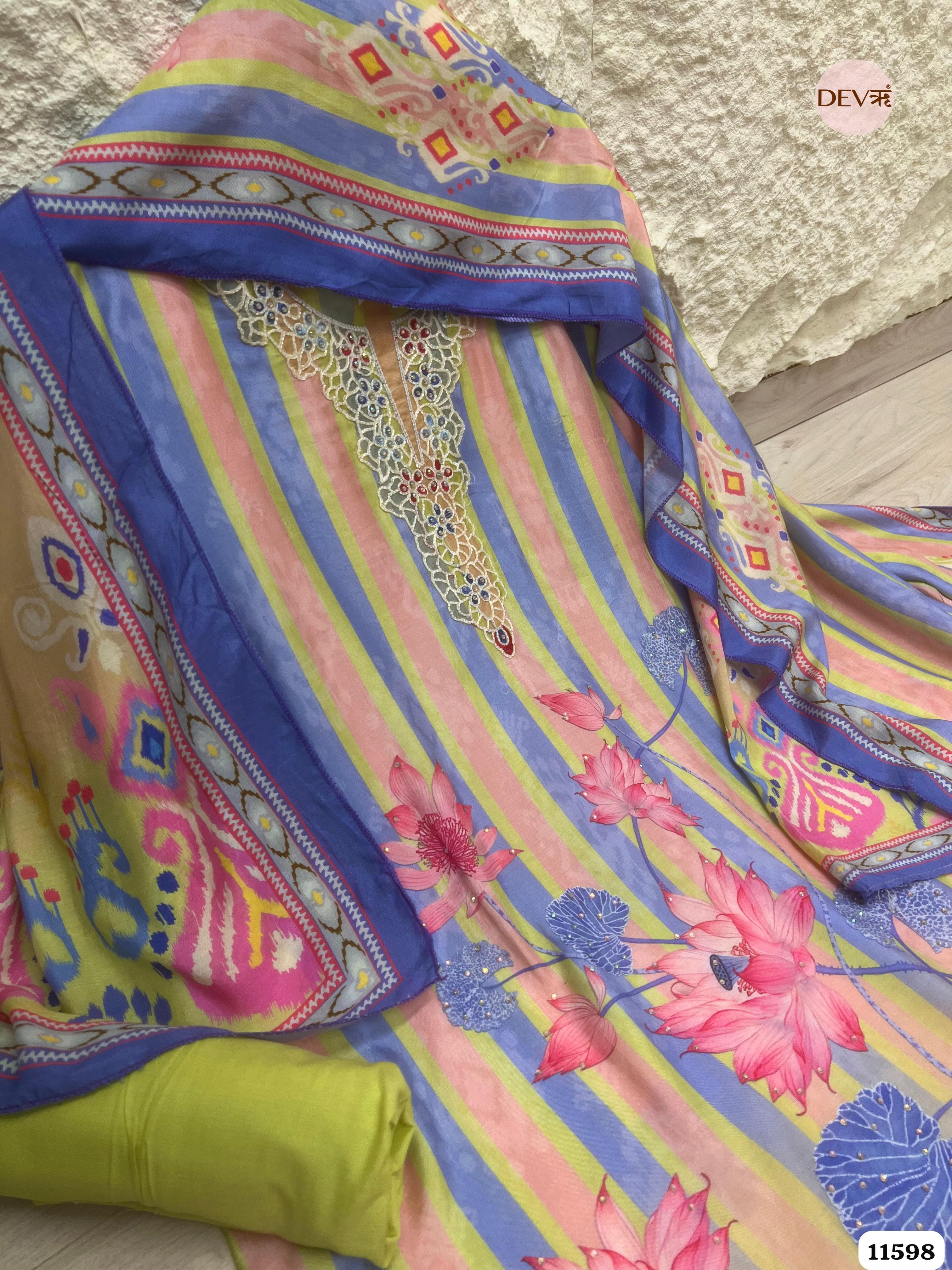 Multi-Colored Pure Muslin Semi Stitched Printed Embroidered -Set Of 3 {11598}