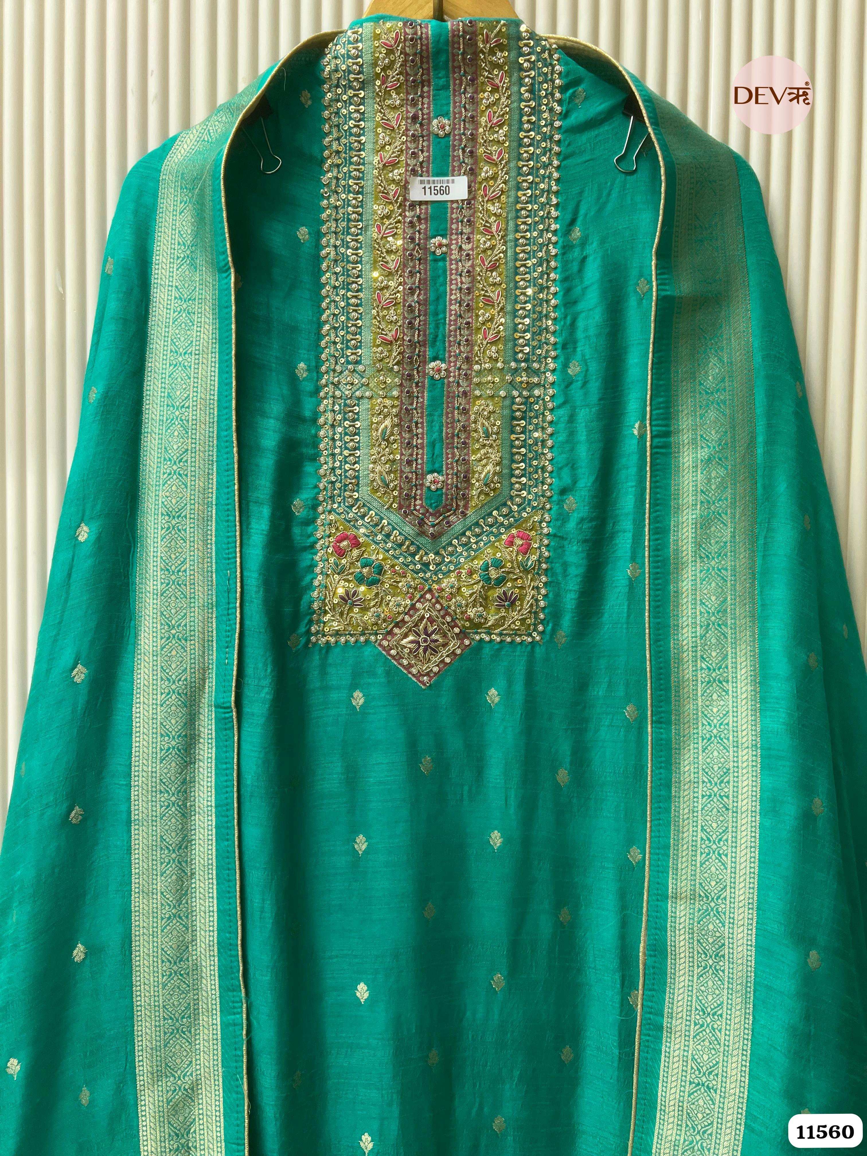 Green Silk Banarasi Weave Unstitched Hand Embroidered -Set Of 3 {11560}