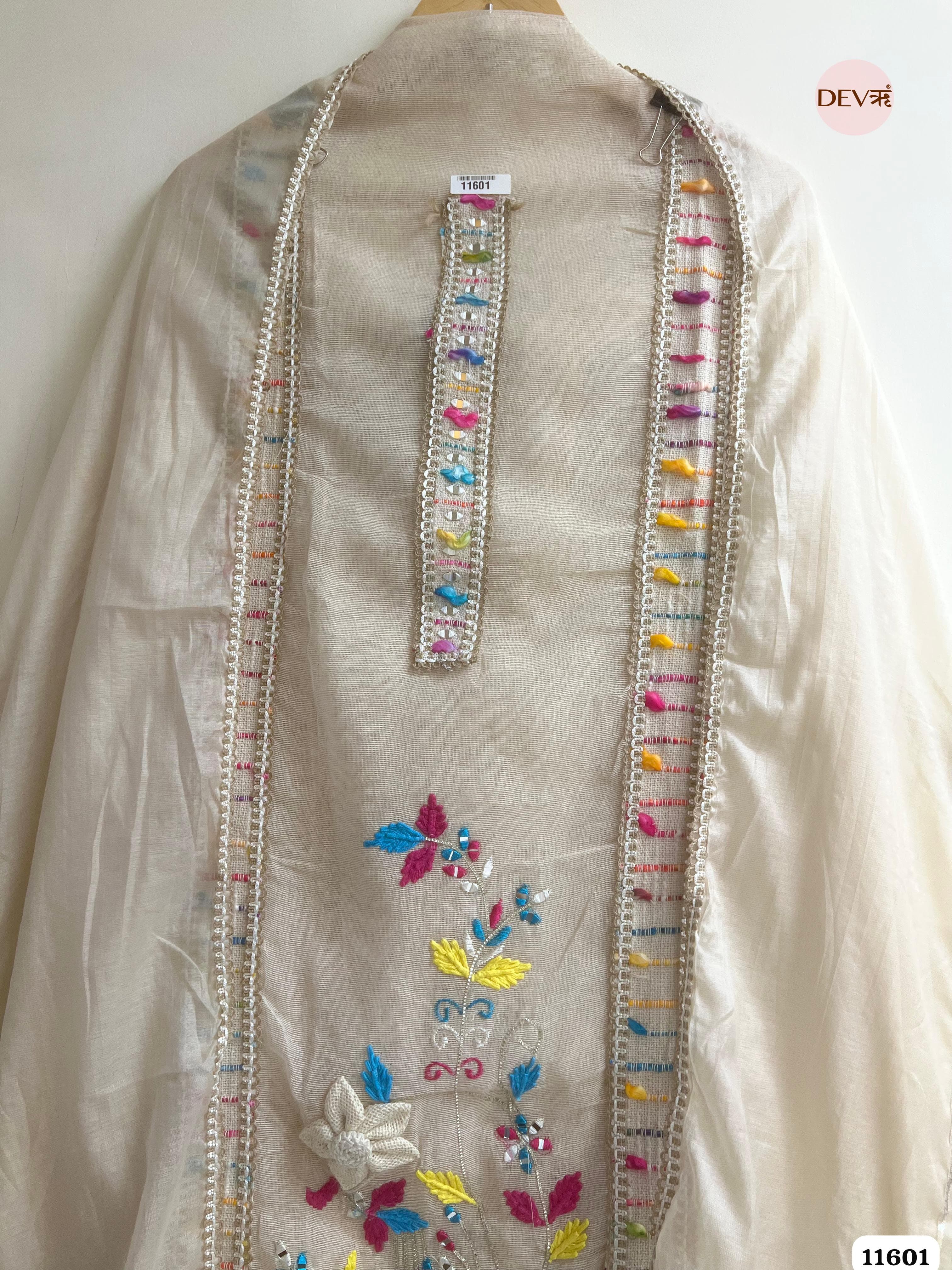 Beige Mul Chanderi silk Unstitched Hand Embroidered -Set Of 3 {11601}