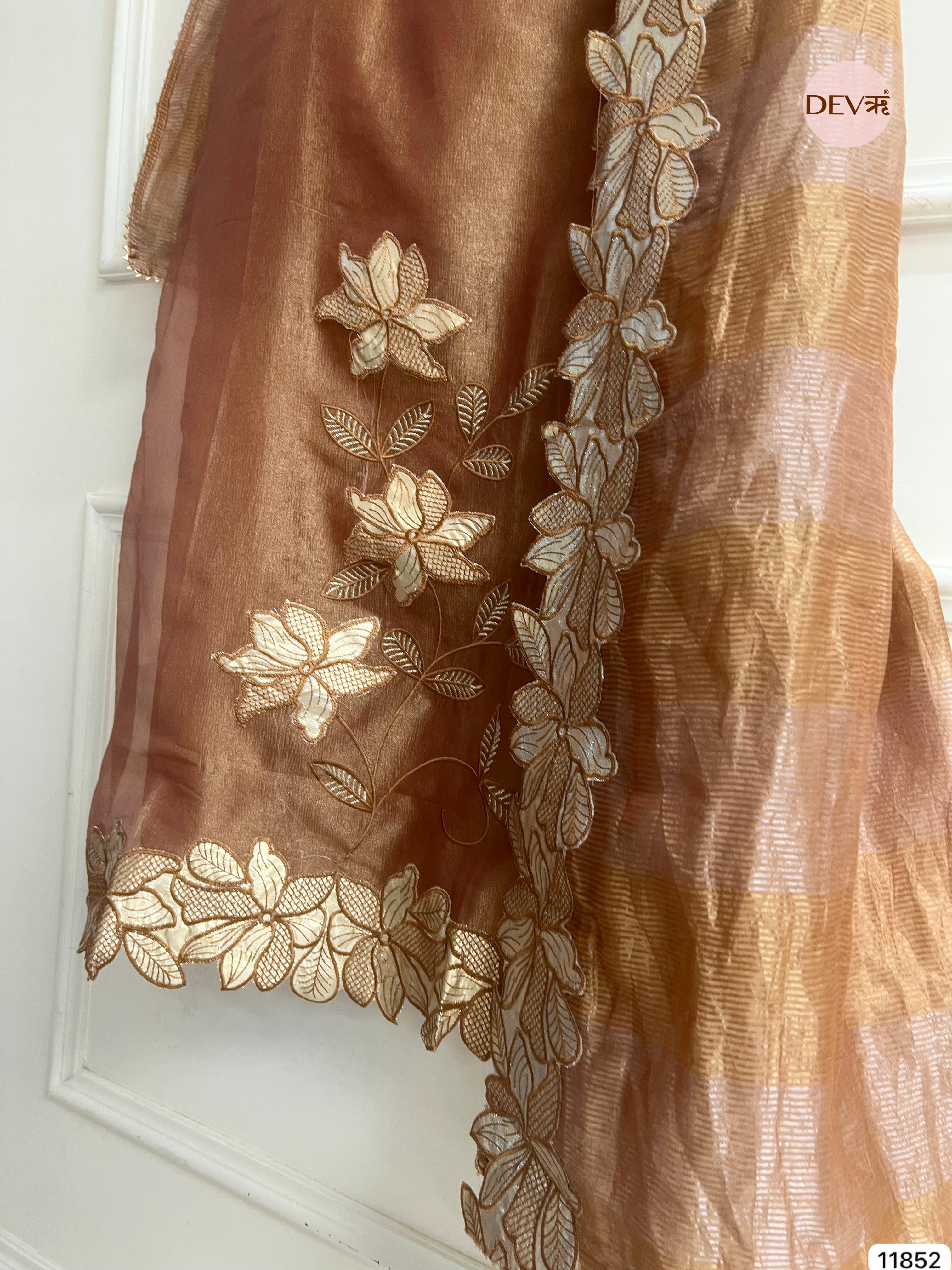 Brown Tissue Silk Unstitched Embroidered -Set Of 3- {11852}